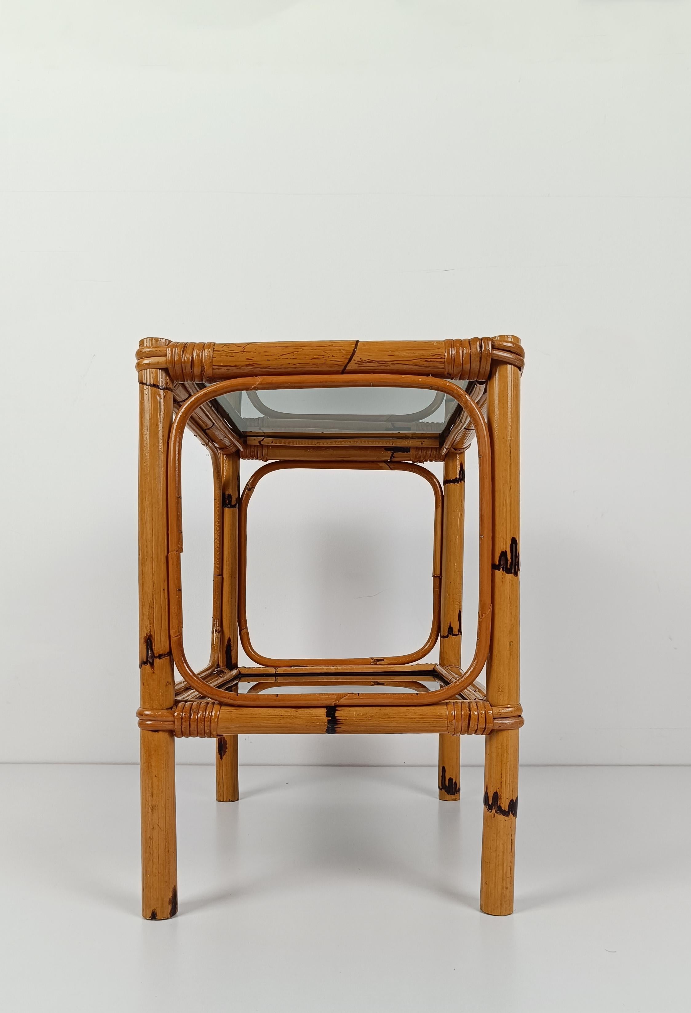 Pair of Italian Night Stand / Side Table in Bamboo, Rattan and Smoked Glass, 70s For Sale 9