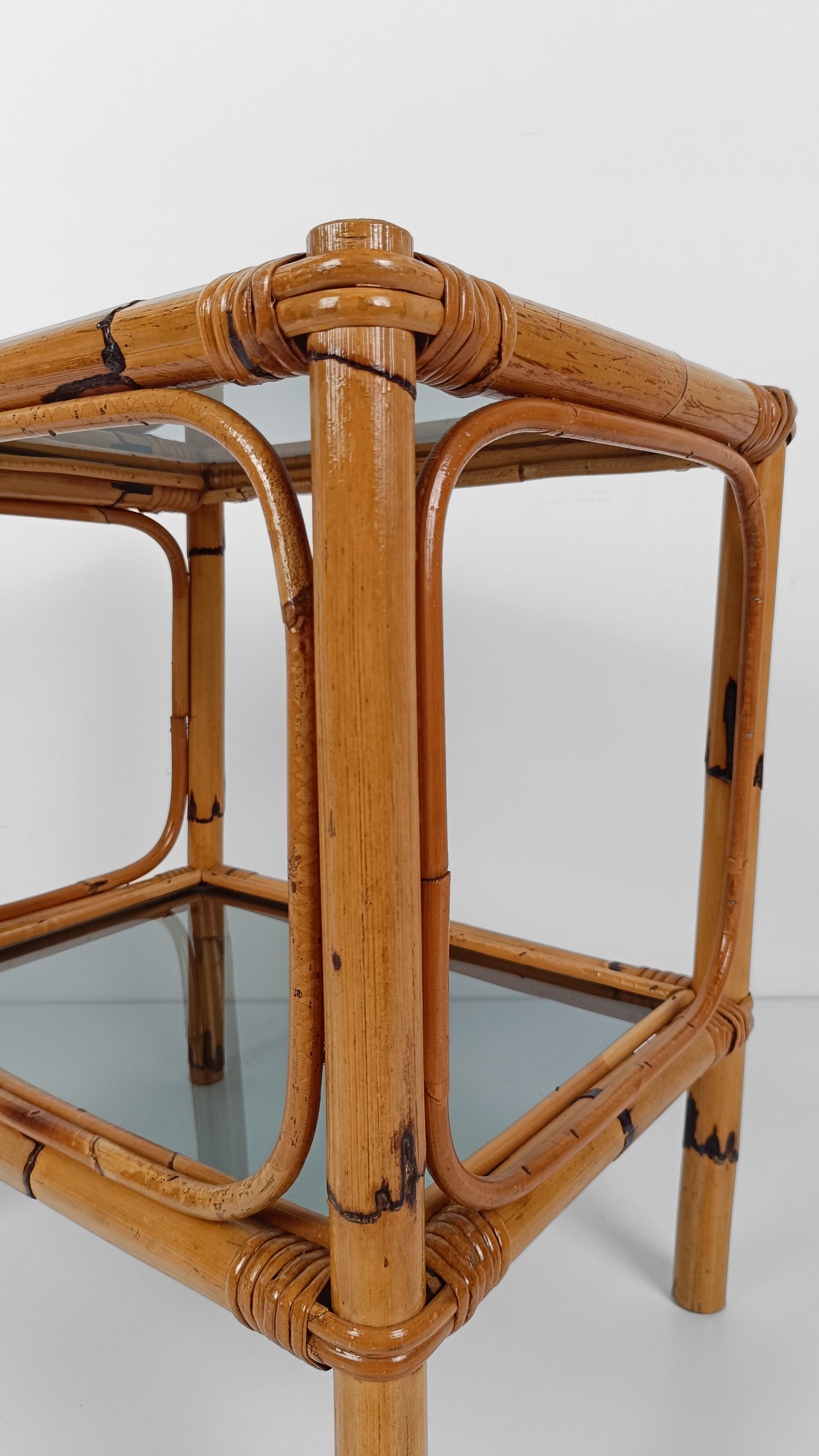 Pair of Italian Night Stand / Side Table in Bamboo, Rattan and Smoked Glass, 70s For Sale 10