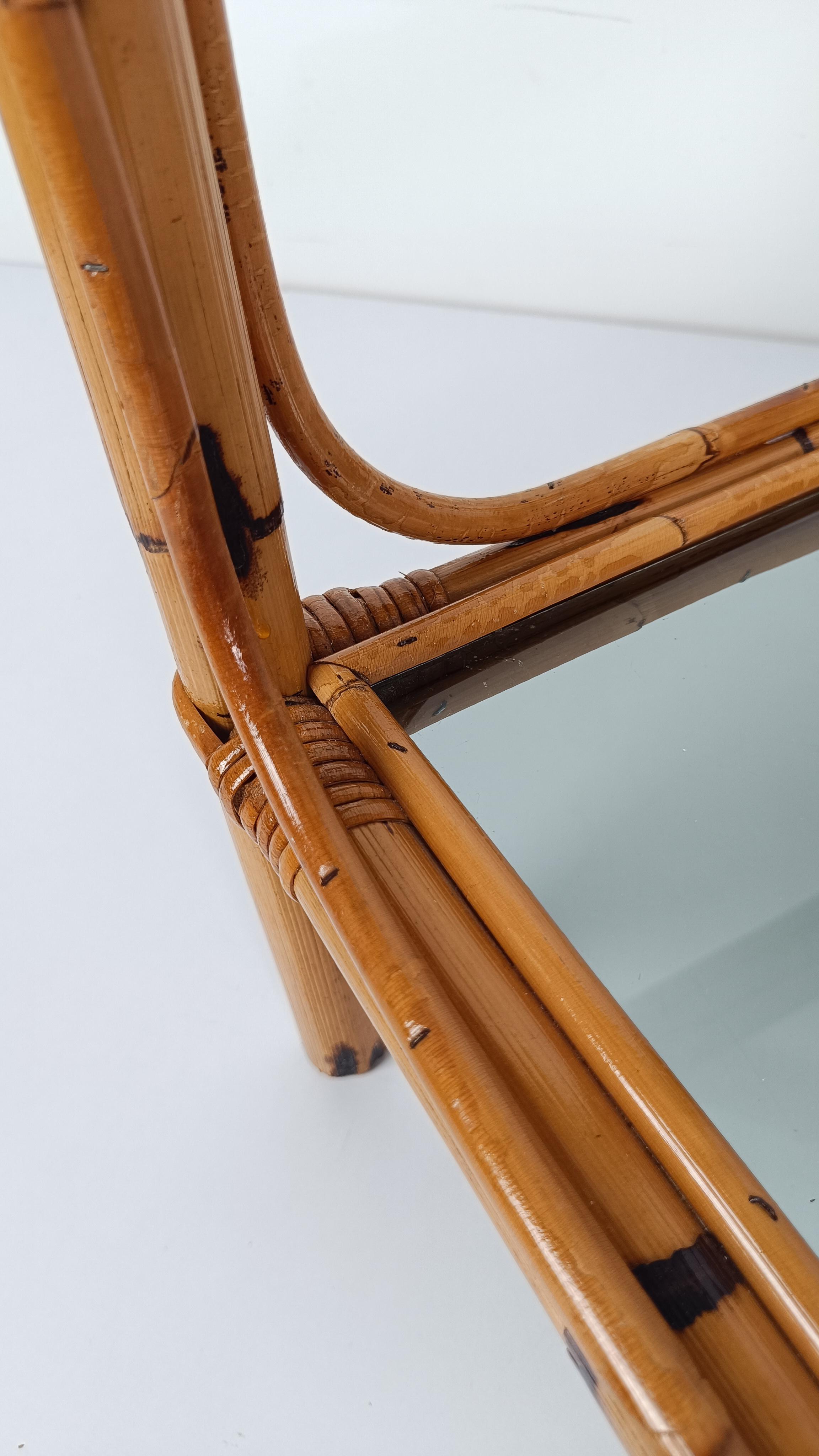 Pair of Italian Night Stand / Side Table in Bamboo, Rattan and Smoked Glass, 70s For Sale 11