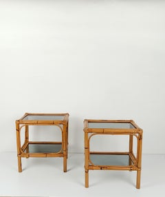 Pair of Italian Night Stand / Side Table in Bamboo, Rattan and Smoked Glass, 70s