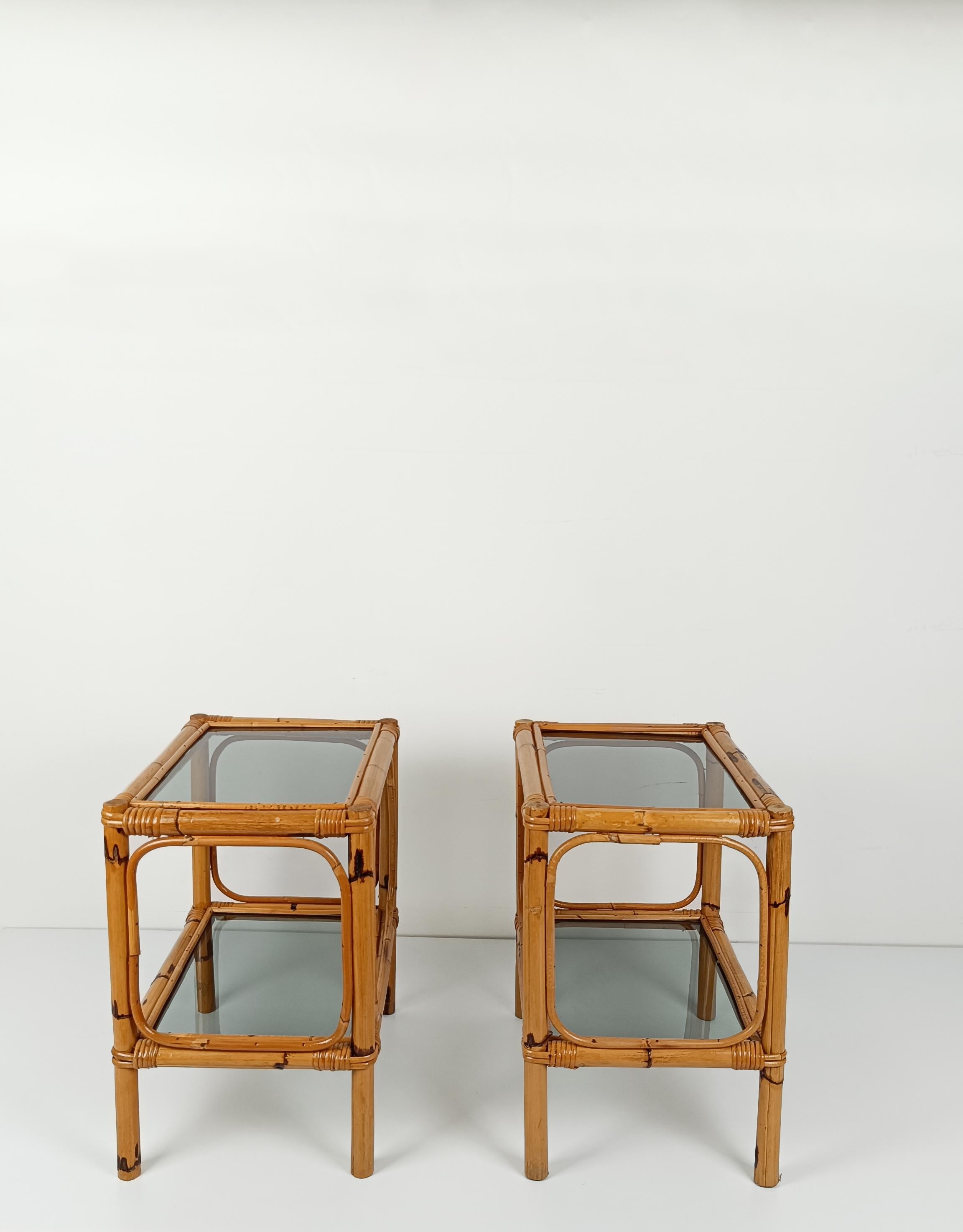 20th Century Pair of Italian Night Stand / Side Table in Bamboo, Rattan and Smoked Glass, 70s For Sale