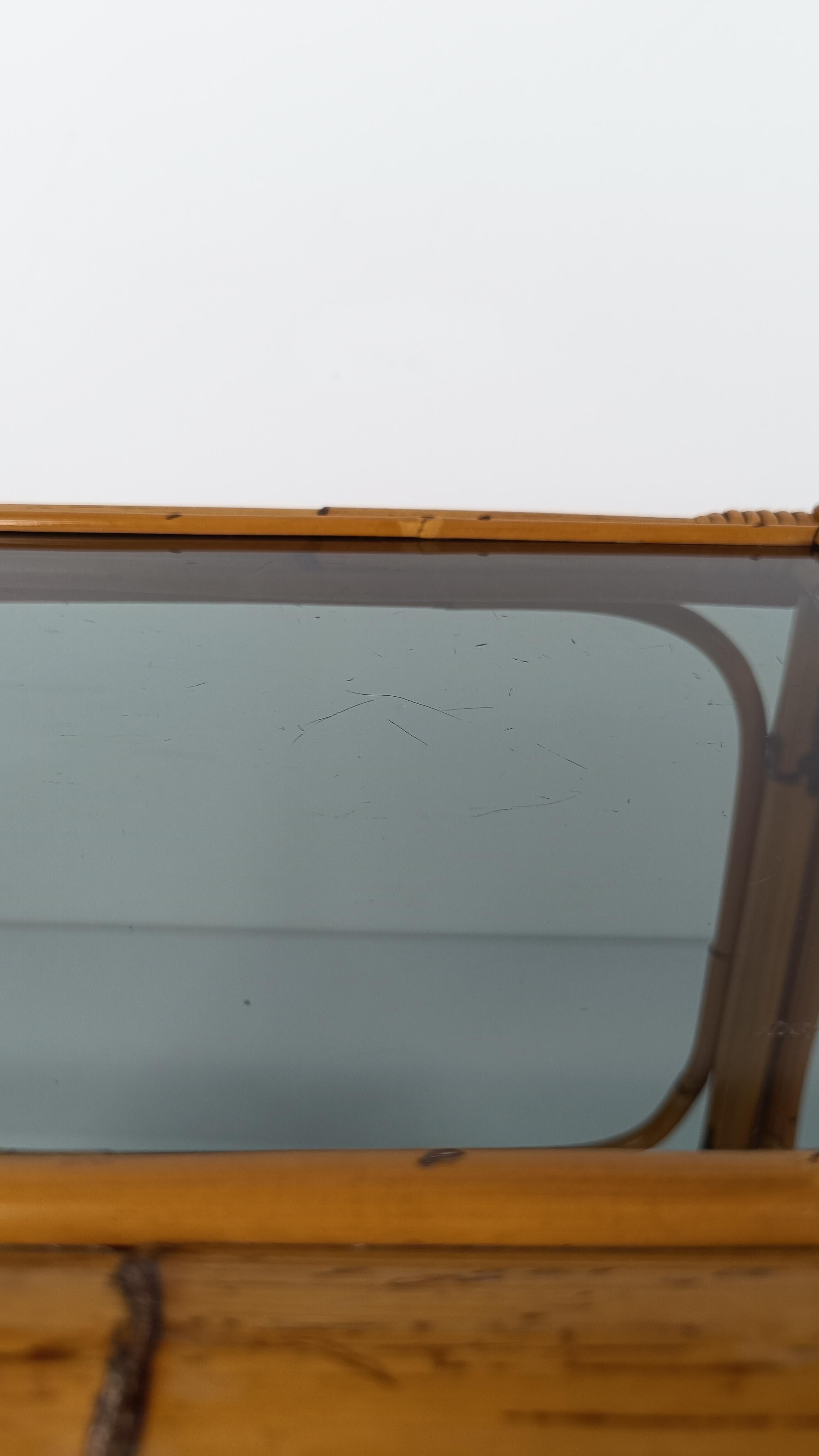 Pair of Italian Night Stand / Side Table in Bamboo, Rattan and Smoked Glass, 70s For Sale 4