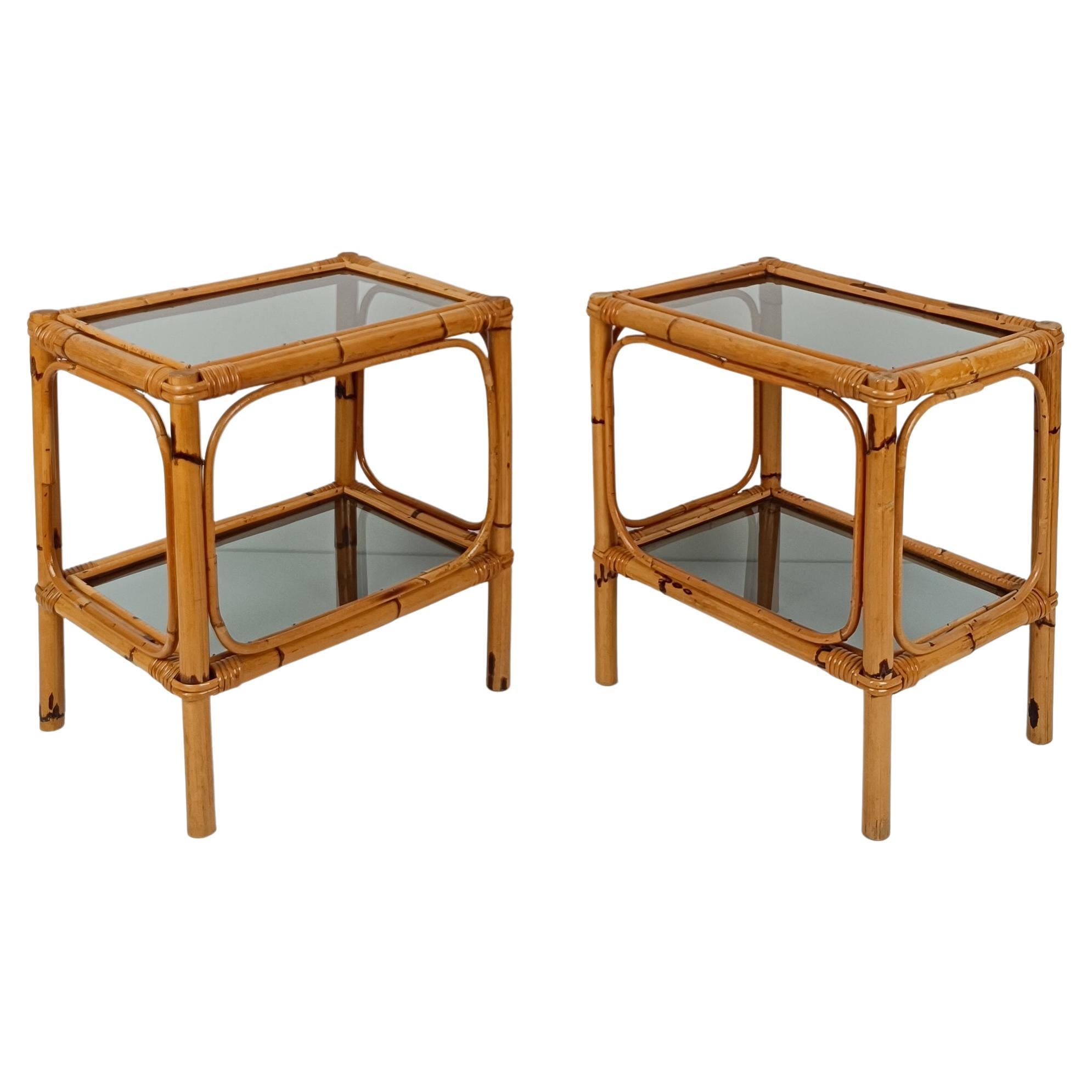 Pair of Italian Night Stand / Side Table in Bamboo, Rattan and Smoked Glass, 70s For Sale