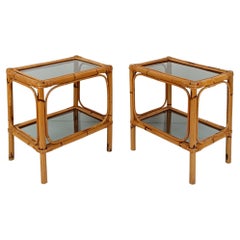 Pair of Italian Night Stand / Side Table in Bamboo, Rattan and Smoked Glass, 70s