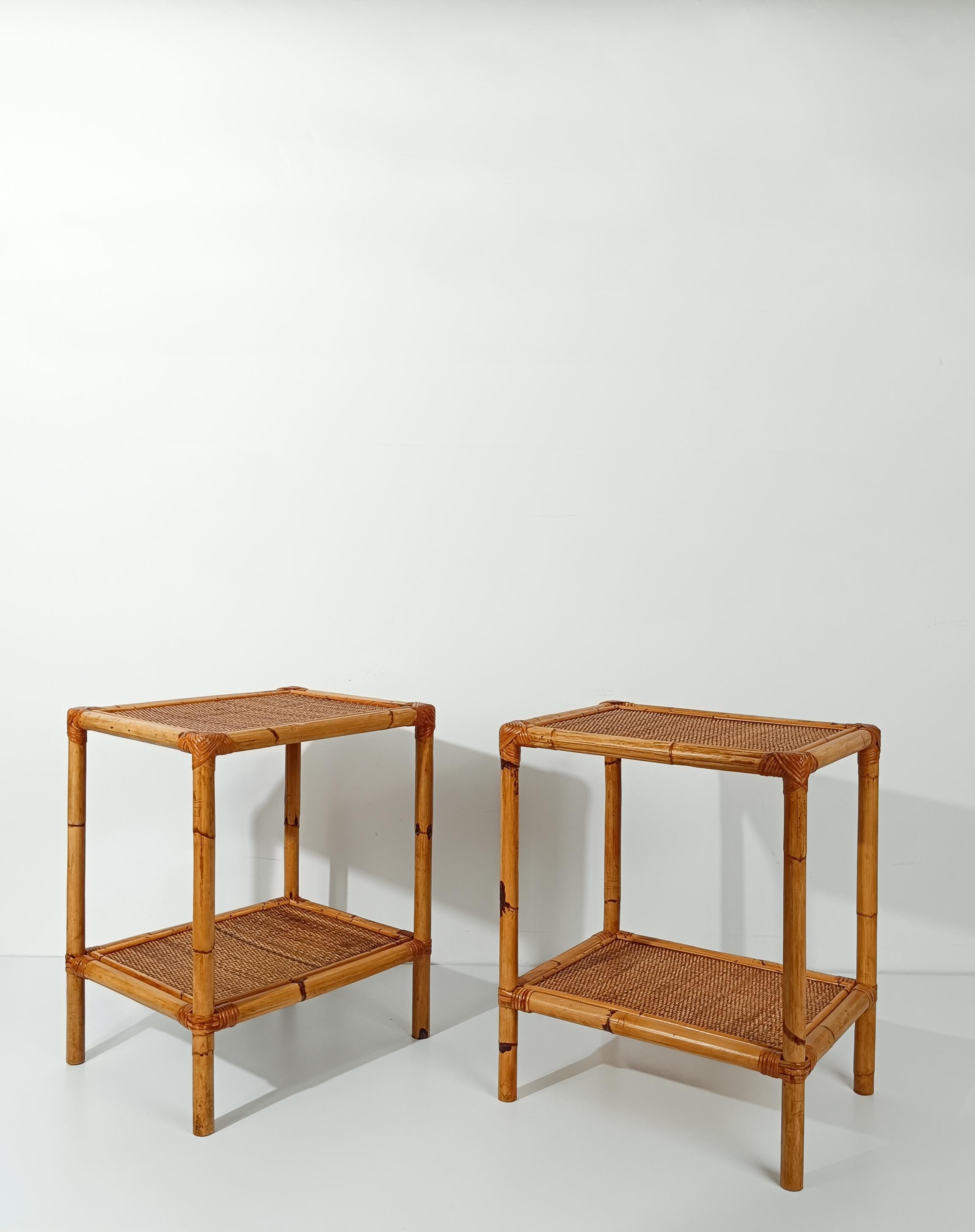 Pair of Italian Night Stand / Side Table in Bamboo, Rattan and Wicker 1970s For Sale 5