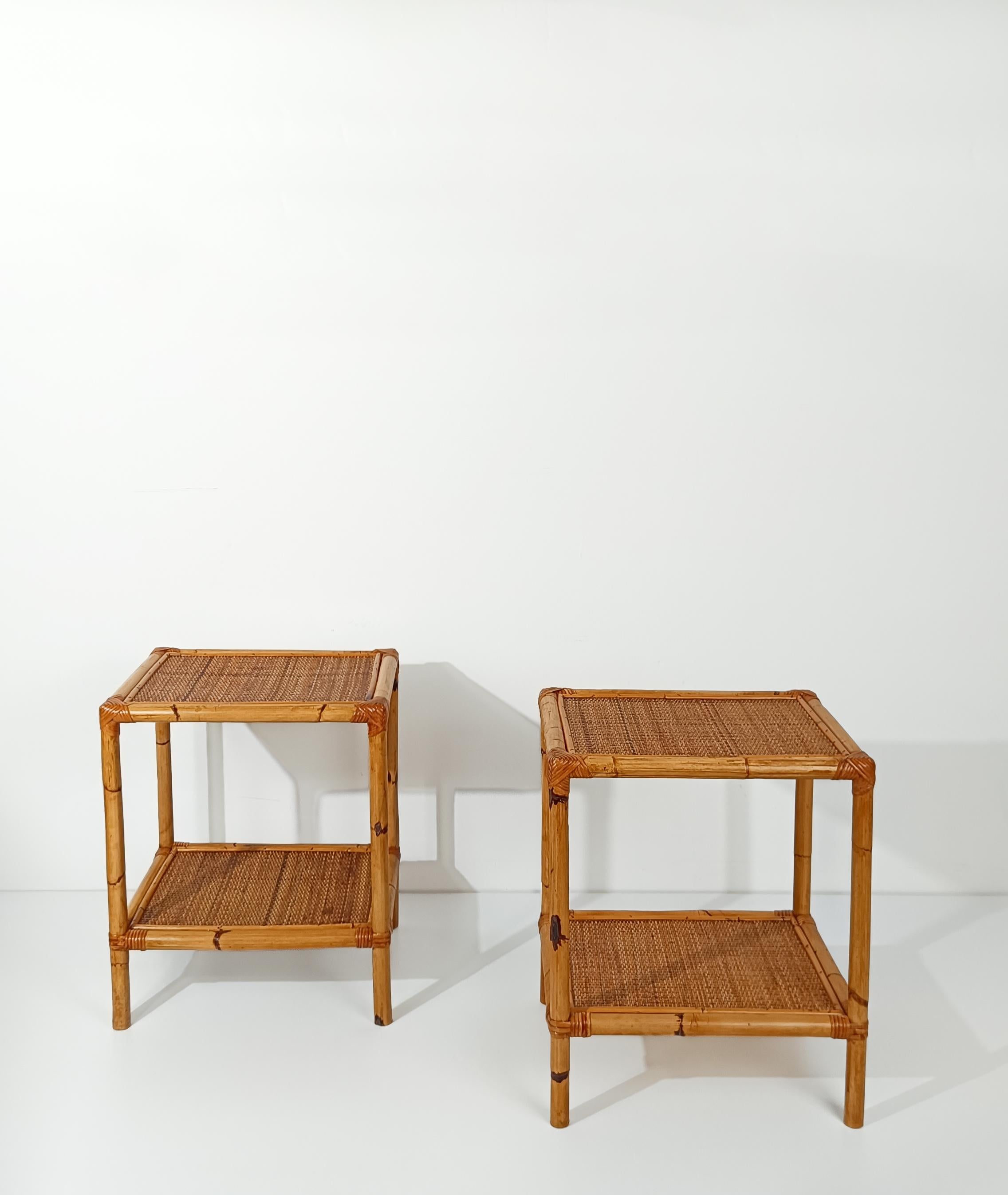 Pair of Italian Night Stand / Side Table in Bamboo, Rattan and Wicker 1970s For Sale 6
