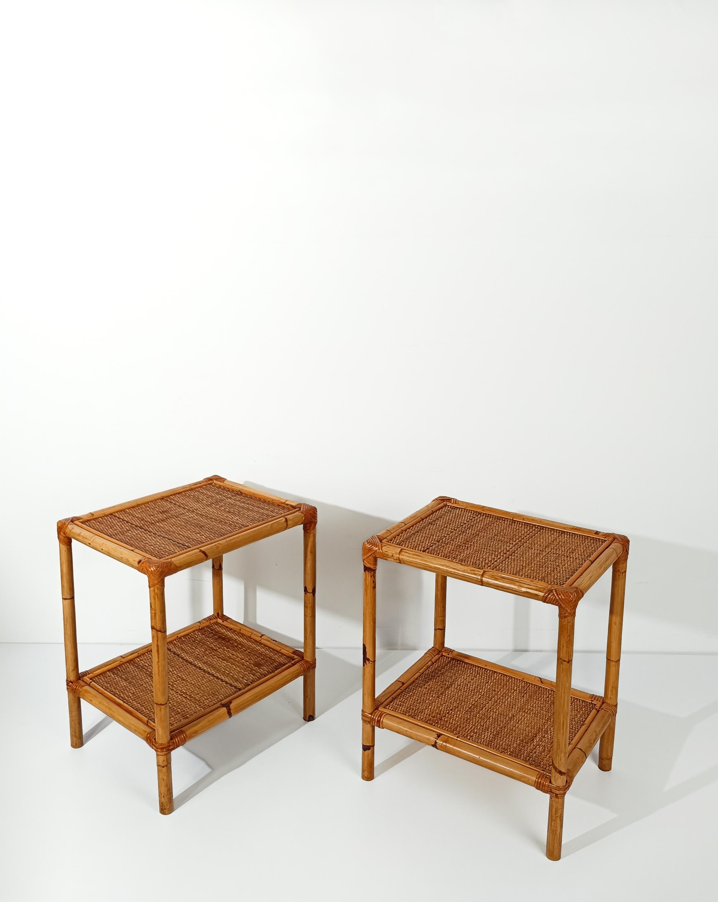 This is a pair of coffee tables, but the right height to also be used as bedside tables.

These items were made in Italy in the Riviera di Circe area, a few km from Rome, around the 70s.

Both vintage side tables have a stable and solid structure,