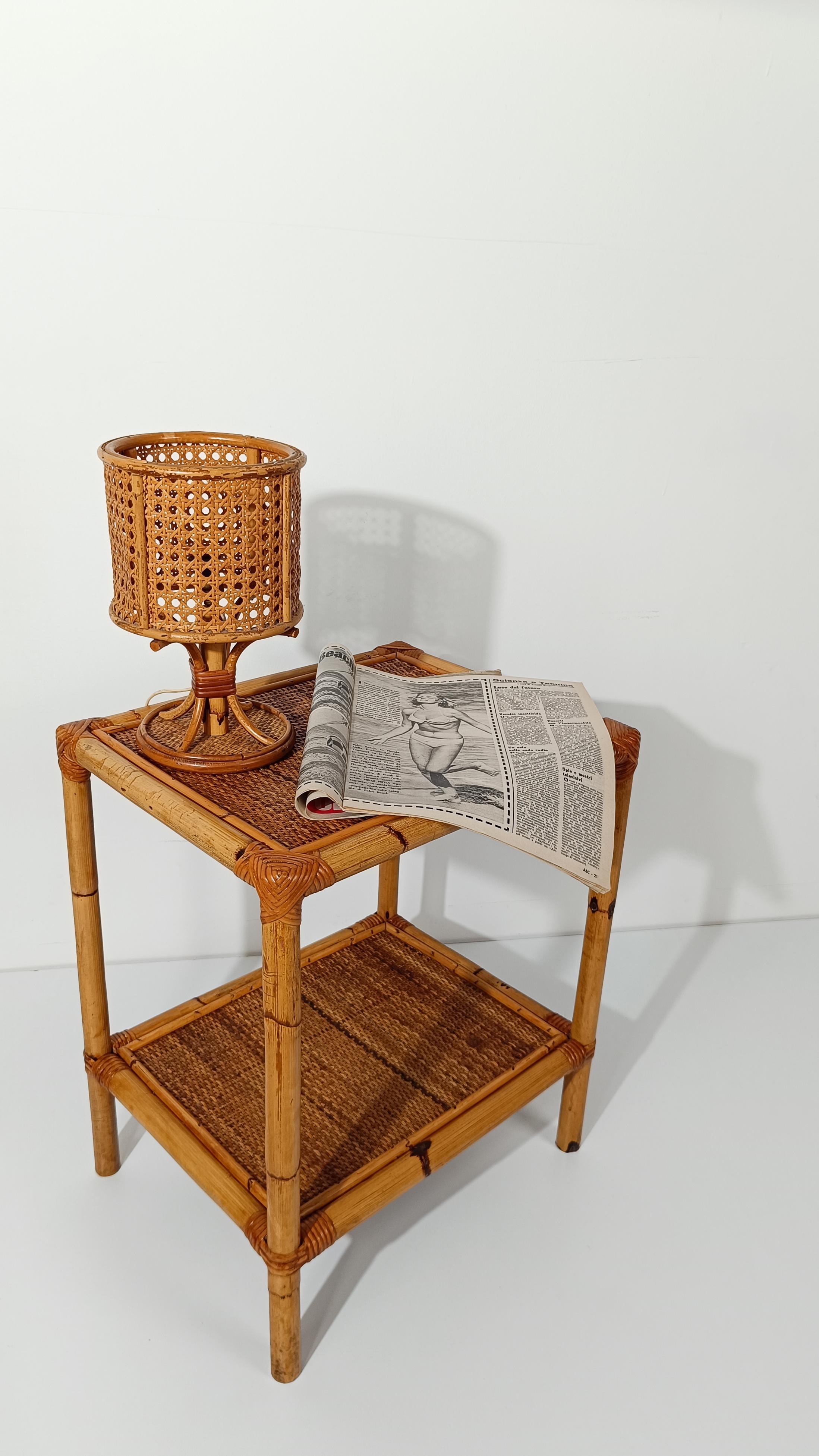 Pair of Italian Night Stand / Side Table in Bamboo, Rattan and Wicker 1970s For Sale 2