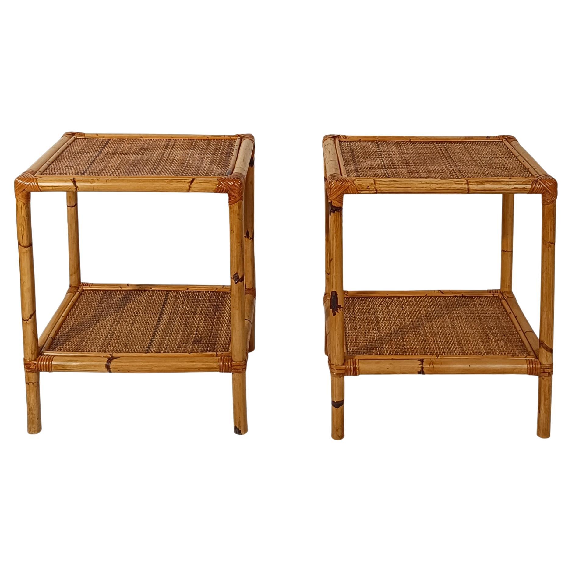 Pair of Italian Night Stand / Side Table in Bamboo, Rattan and Wicker 1970s For Sale