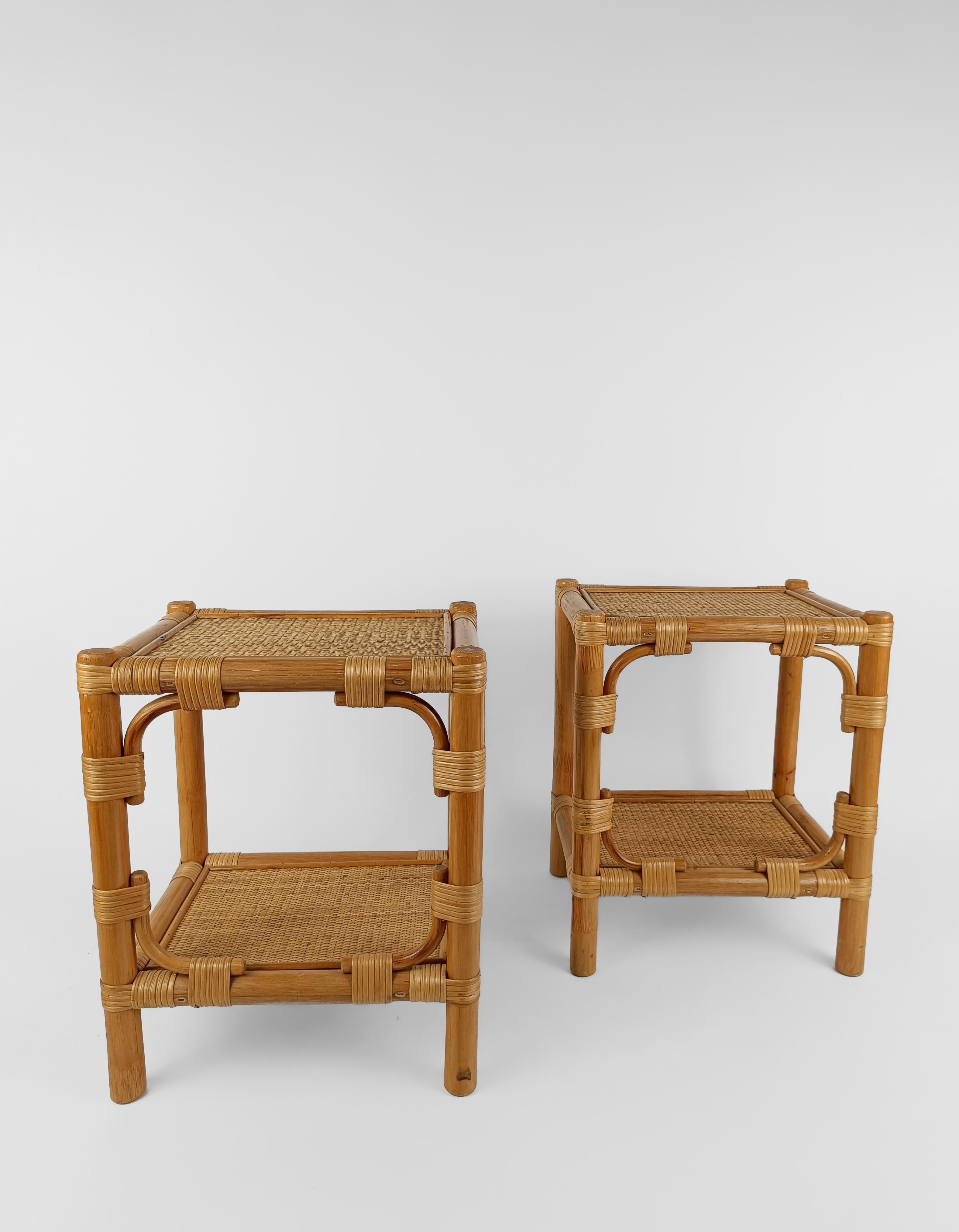 Pair of Italian Night Stand / Side Table in Bamboo, Rattan and Wicker 1980s  5