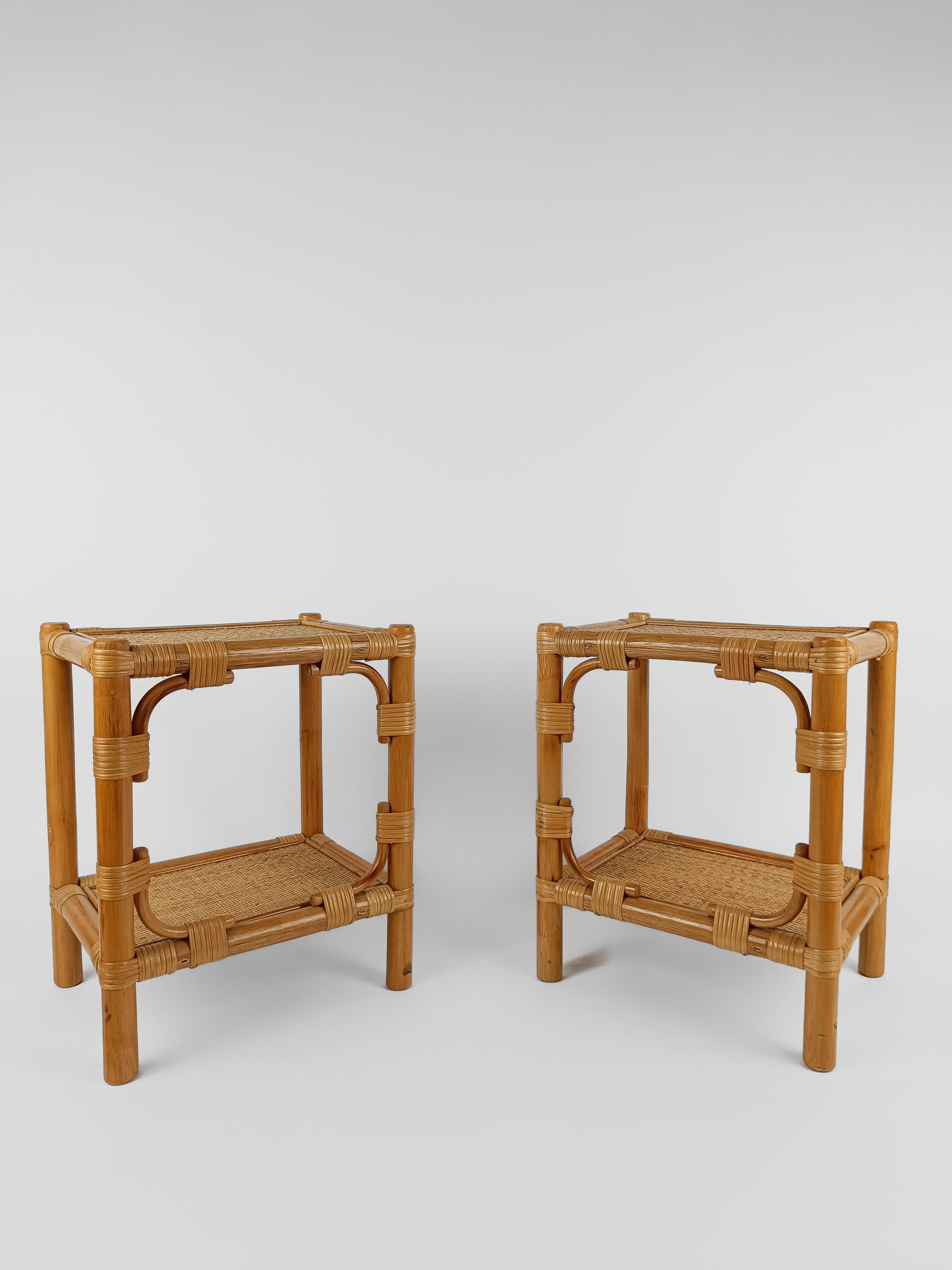 Pair of Italian Night Stand / Side Table in Bamboo, Rattan and Wicker 1980s  7