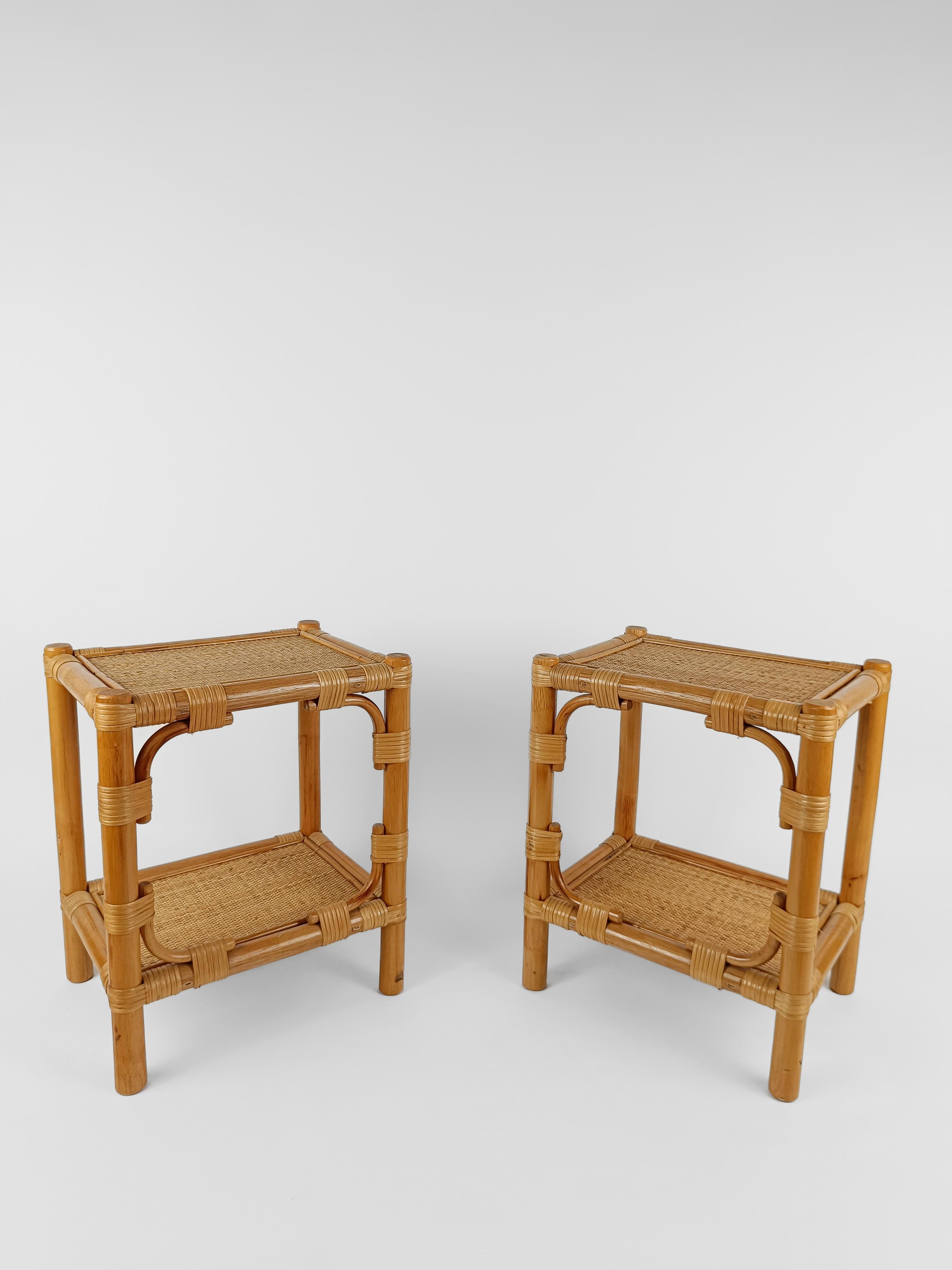 Pair of Italian Night Stand / Side Table in Bamboo, Rattan and Wicker 1980s  8