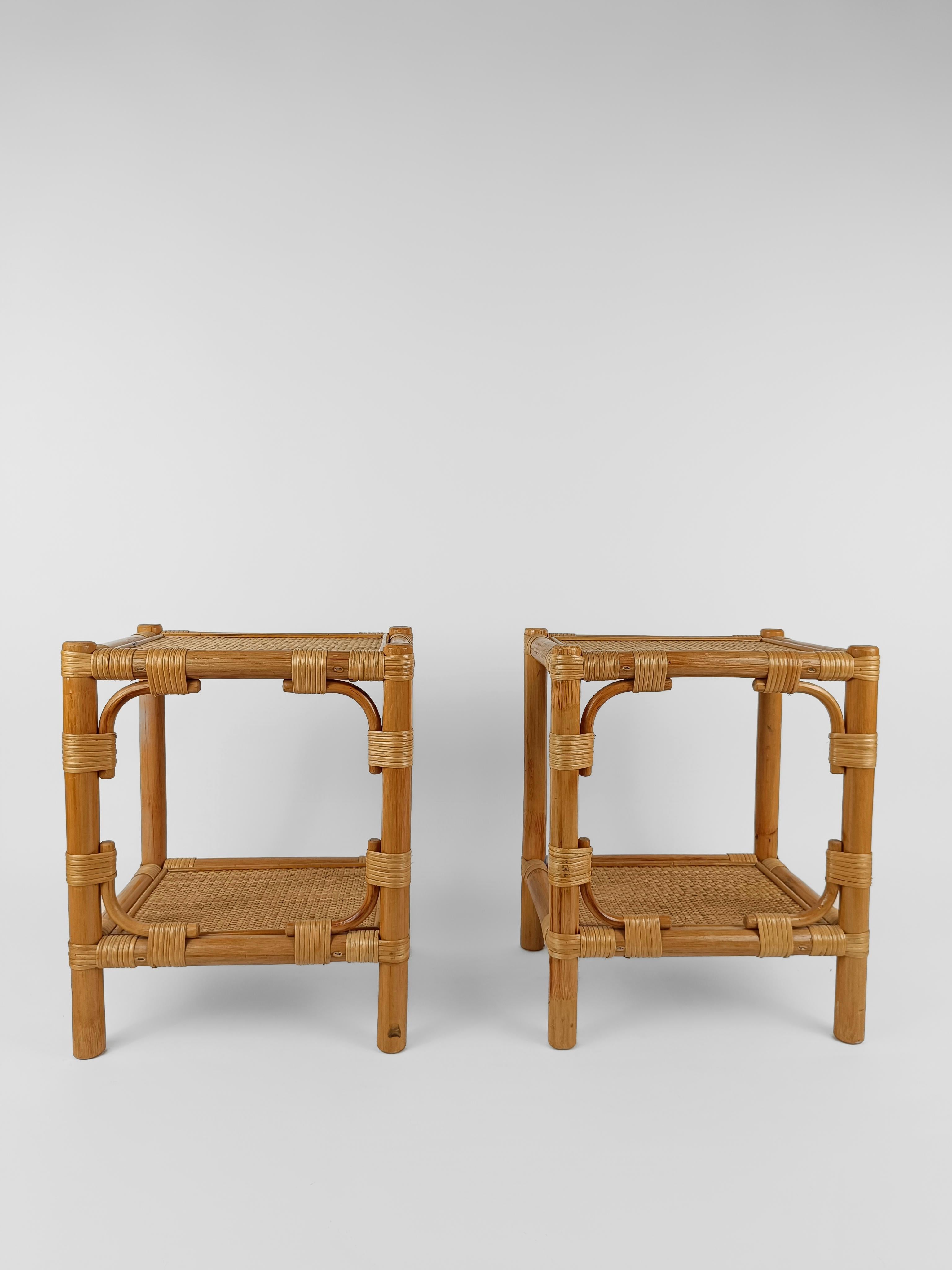 Late 20th Century Pair of Italian Night Stand / Side Table in Bamboo, Rattan and Wicker 1980s 