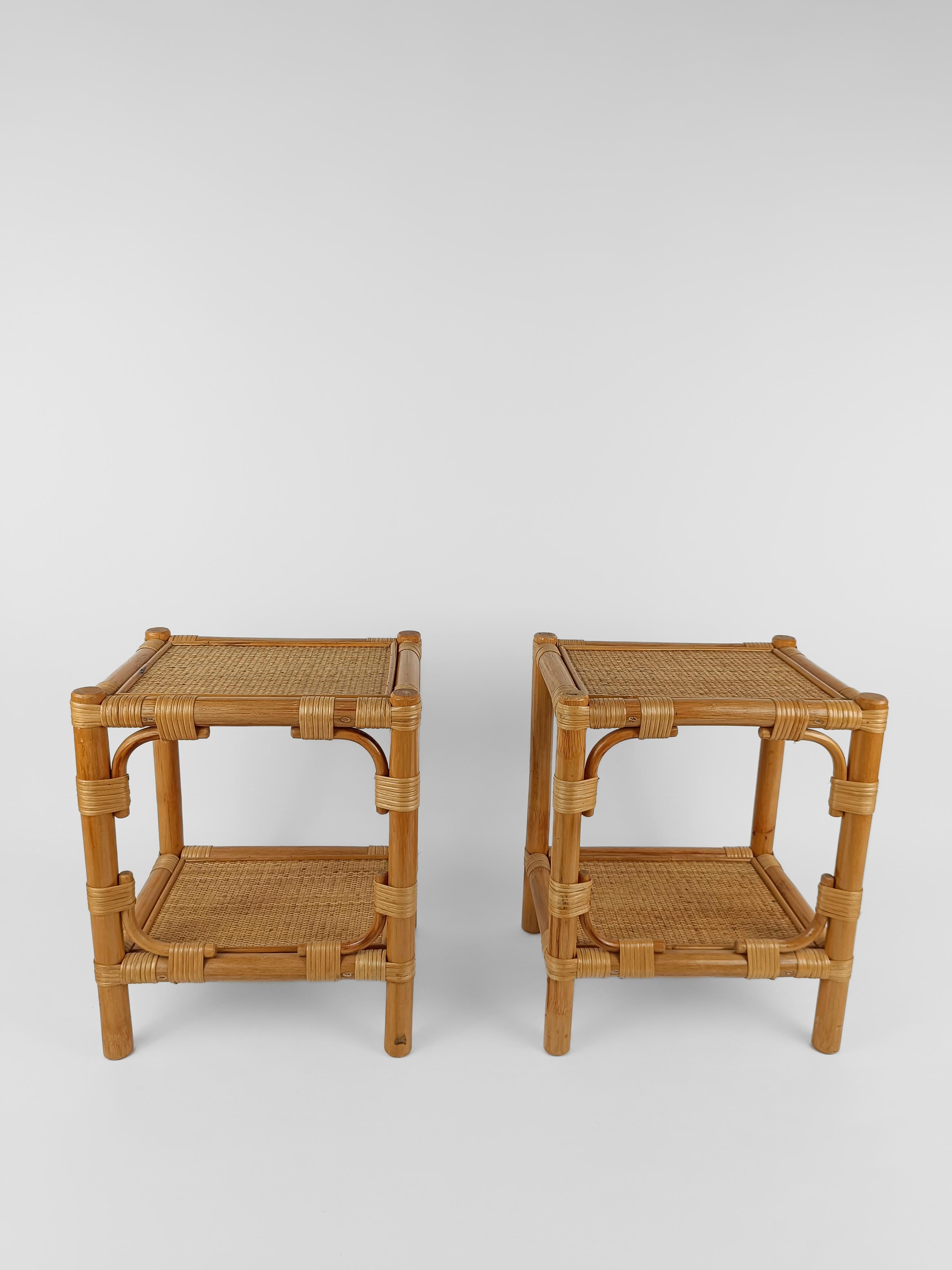 Pair of Italian Night Stand / Side Table in Bamboo, Rattan and Wicker 1980s  1