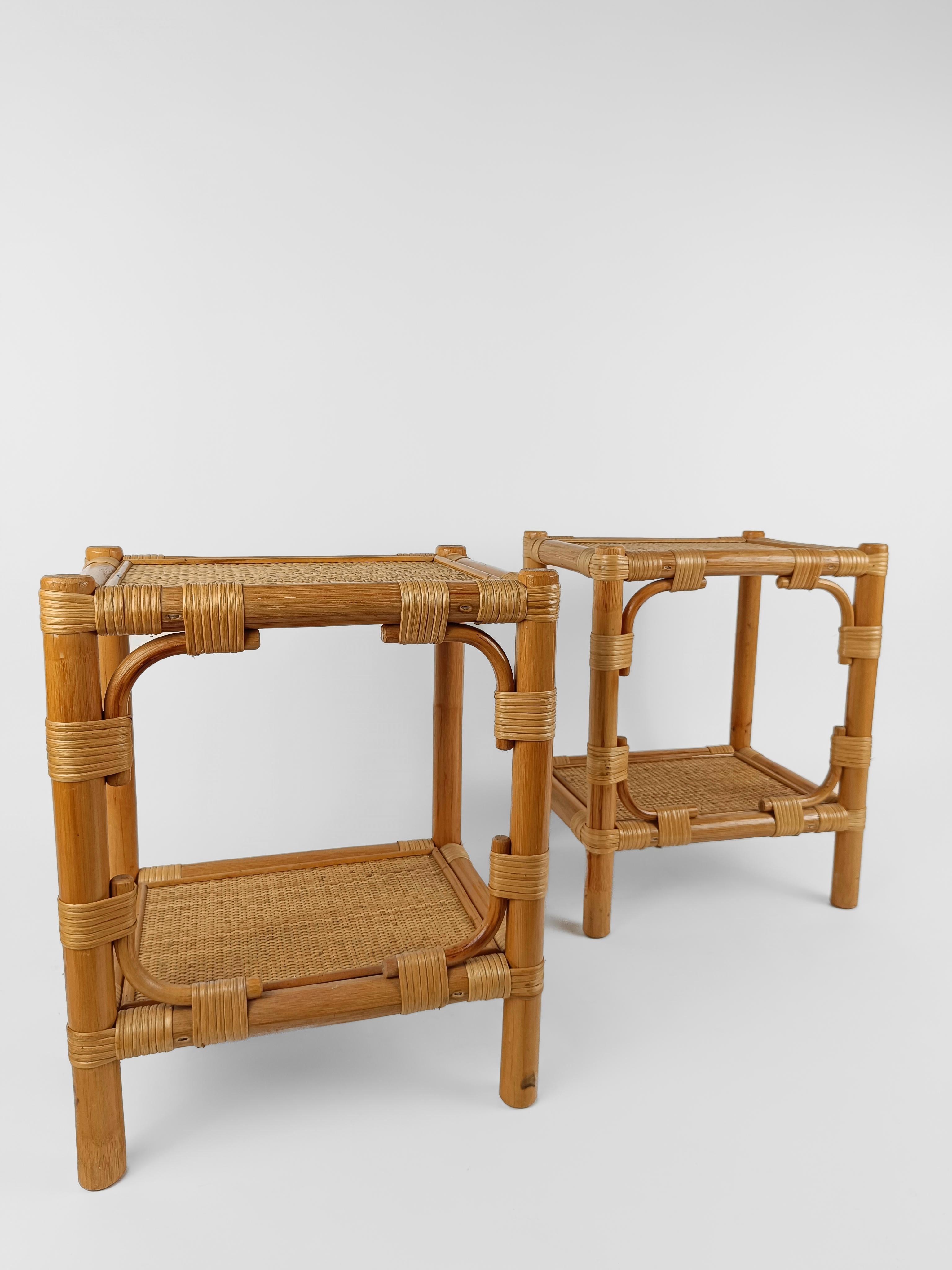 Pair of Italian Night Stand / Side Table in Bamboo, Rattan and Wicker 1980s  3