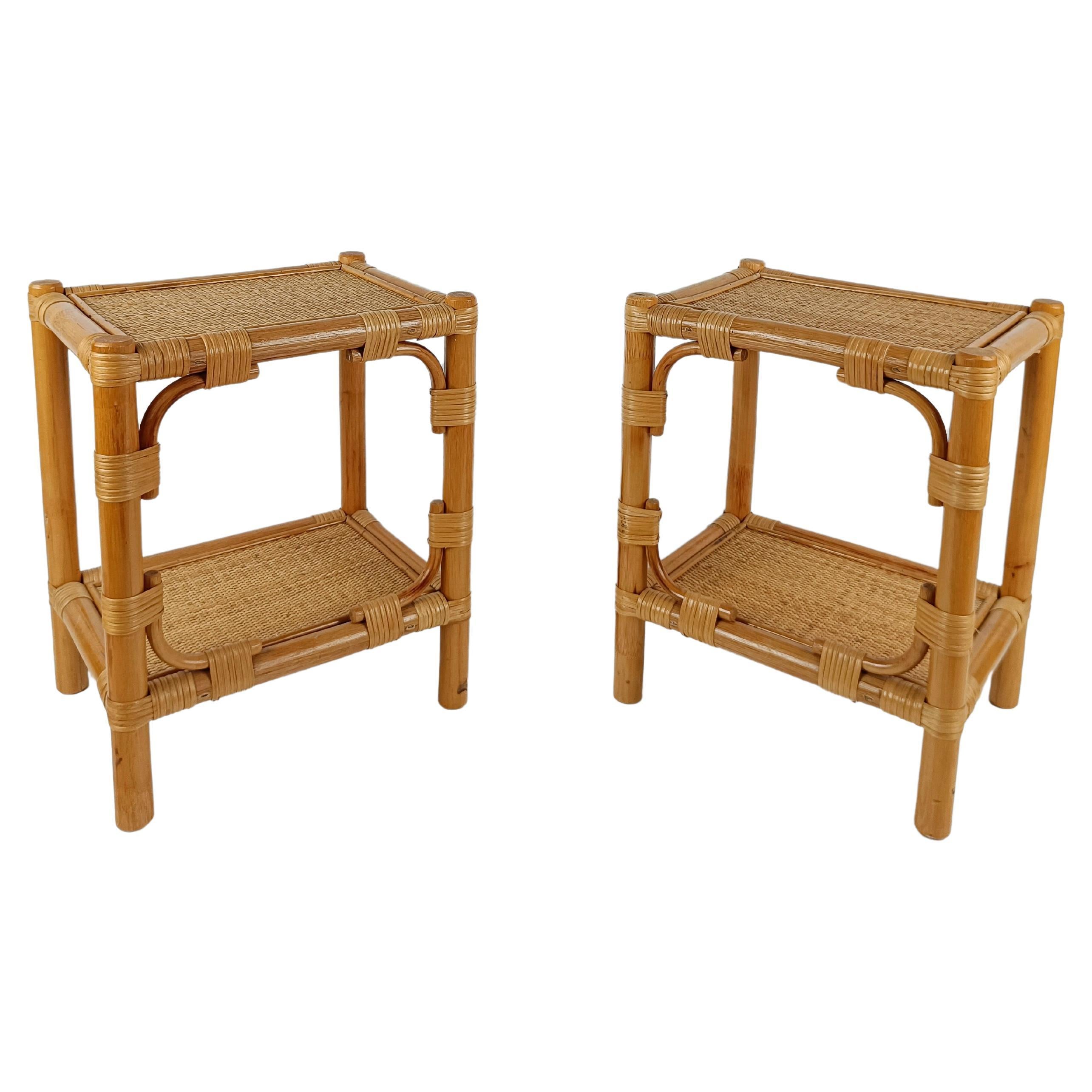 Pair of Italian Night Stand / Side Table in Bamboo, Rattan and Wicker 1980s 