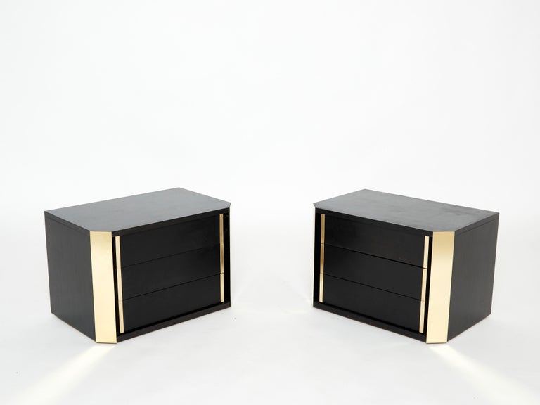 Mid-Century Modern Pair of Italian Night Stands Black Tinted Wood and Brass, 1970s For Sale