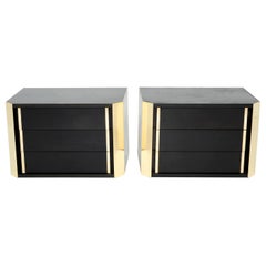 Pair of Italian Night Stands Black Tinted Wood and Brass, 1970s