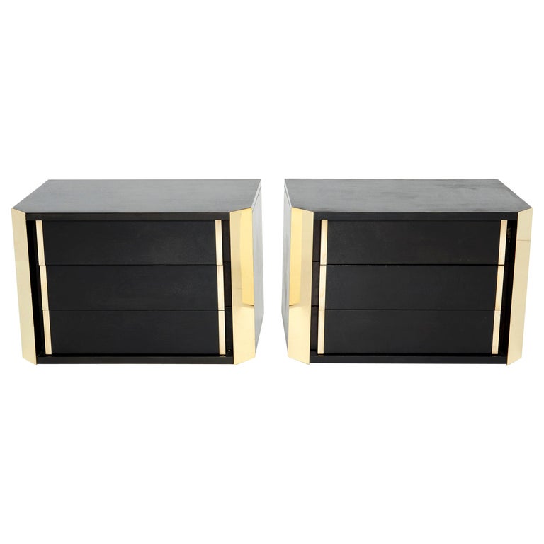 Pair of Italian Night Stands Black Tinted Wood and Brass, 1970s For Sale