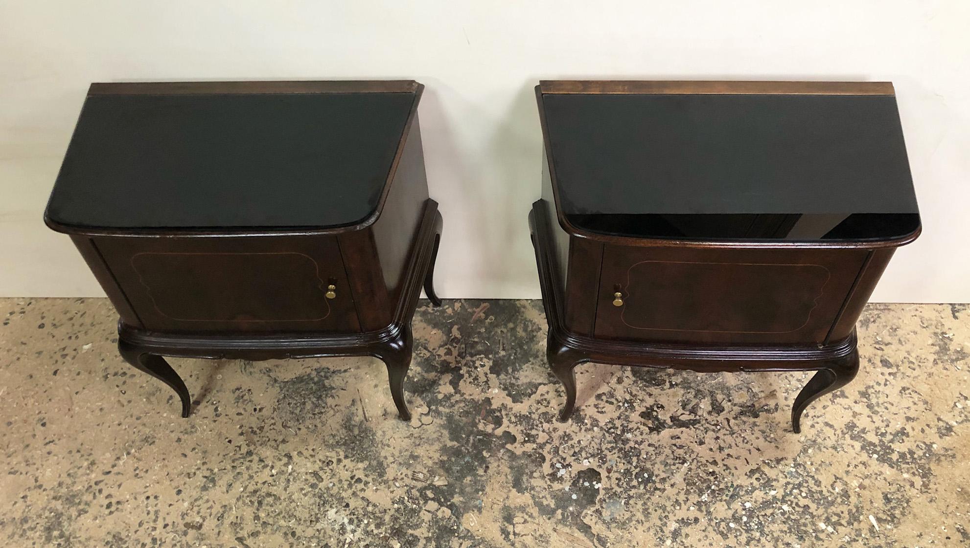 Pair of Italian night stands, in walnut  honeycomb, with inlay, originals from 1950, black glass top. 
One is Right and one is left.
Comes from an old country house in the Florence area of Tuscany.
As shown in the photographs and videos, there are