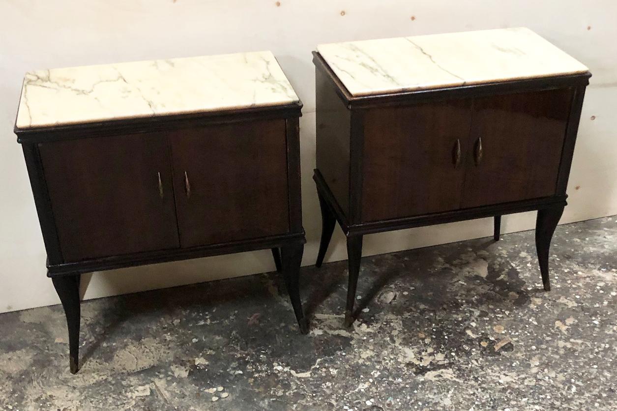 Pair of Italian Night Stands in Walnut with Cream Marble 1