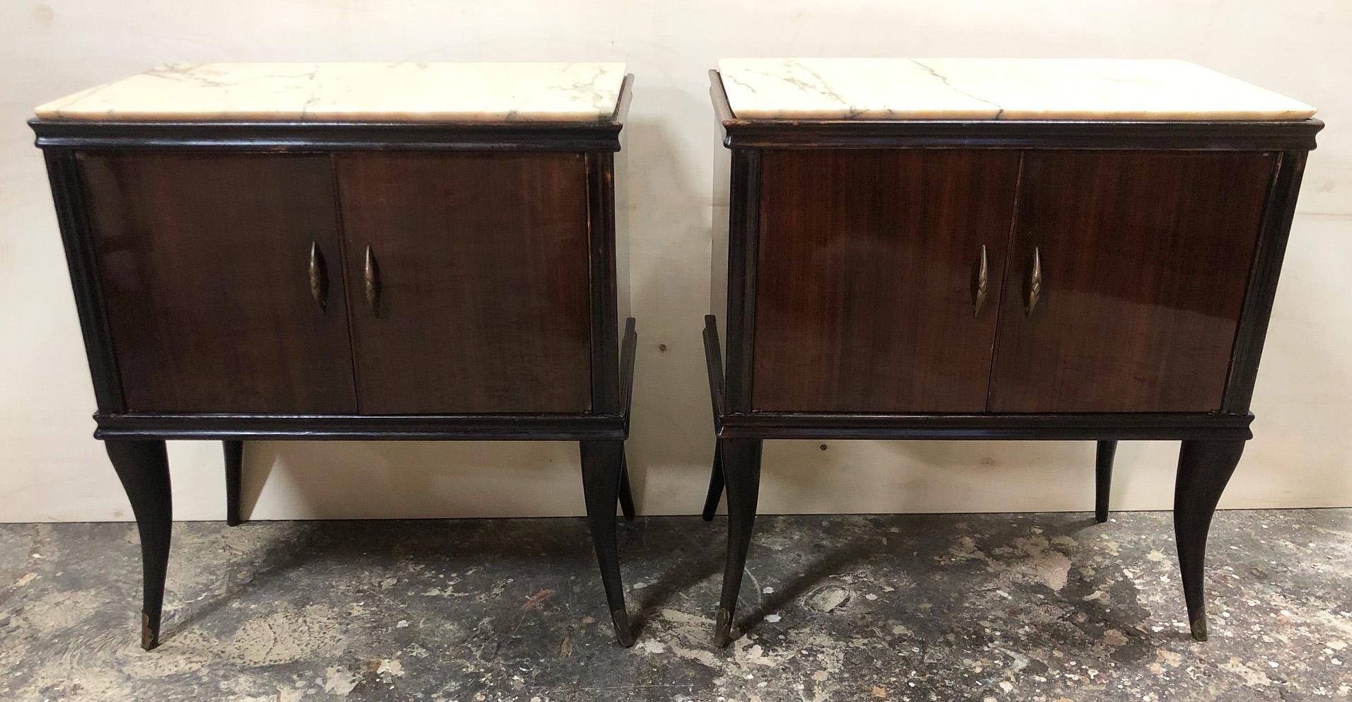 Pair of Italian Night Stands in Walnut with Cream Marble 4