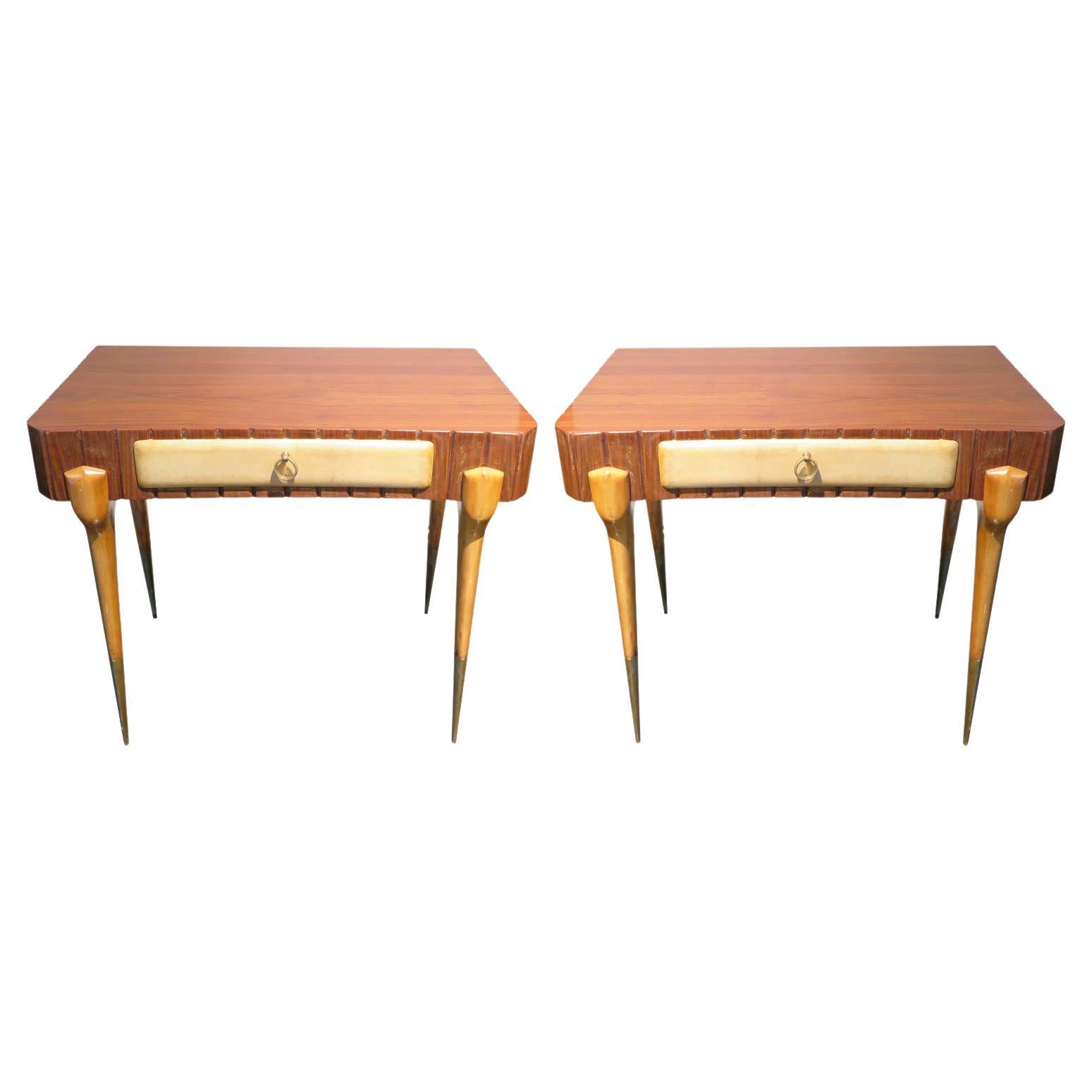 Pair of Italian Nightstands in Rosewood and Parchment For Sale
