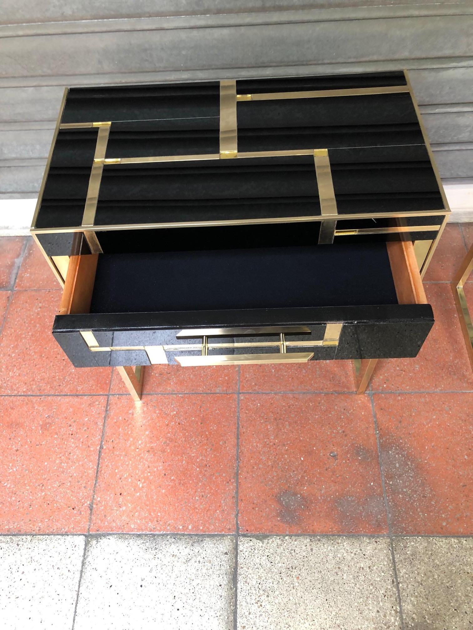 Late 20th Century Pair of Italian Nightstands in Tinted Glass and Brass with One Drawer