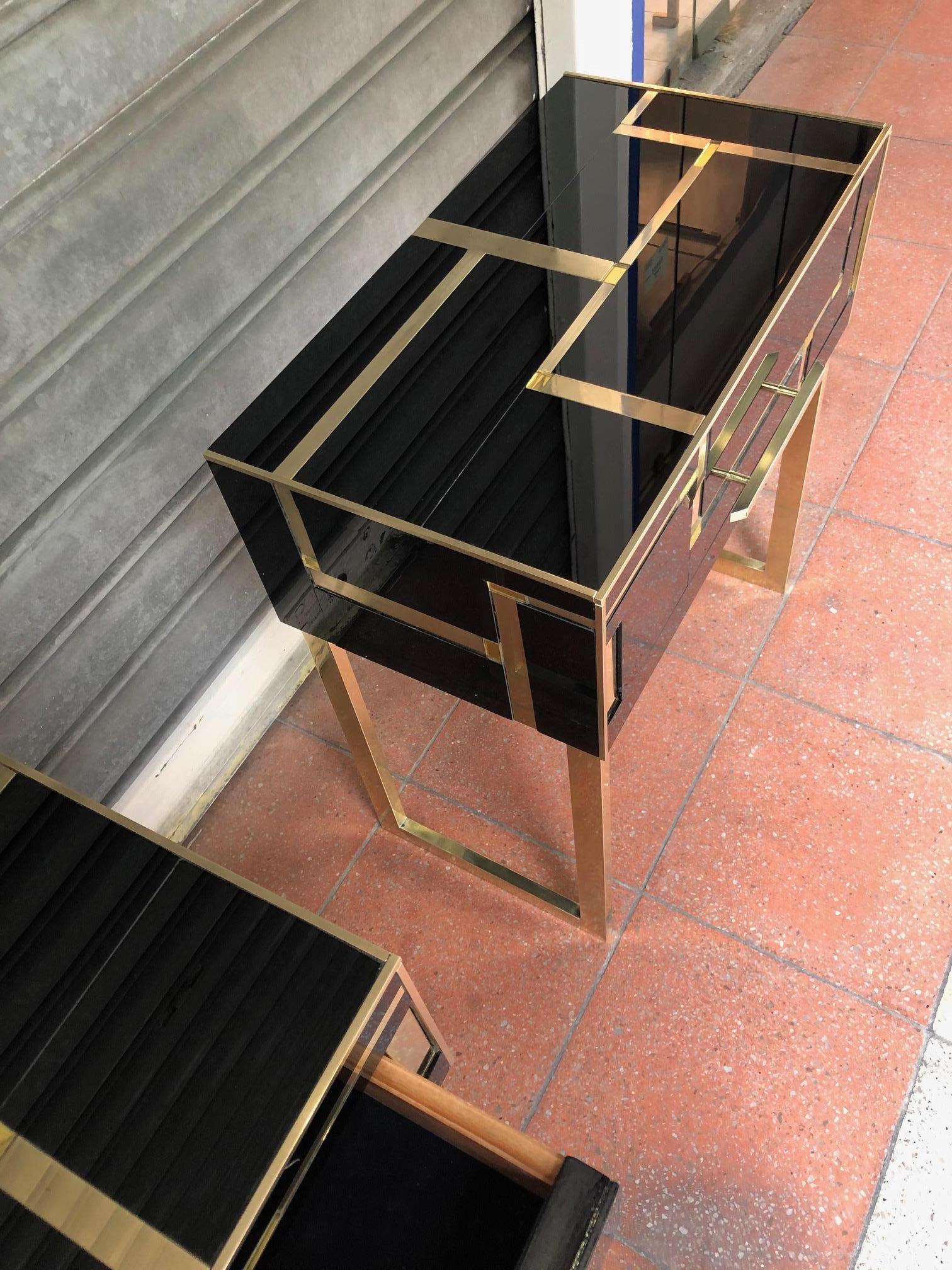 Pair of Italian Nightstands in Tinted Glass and Brass with One Drawer 1