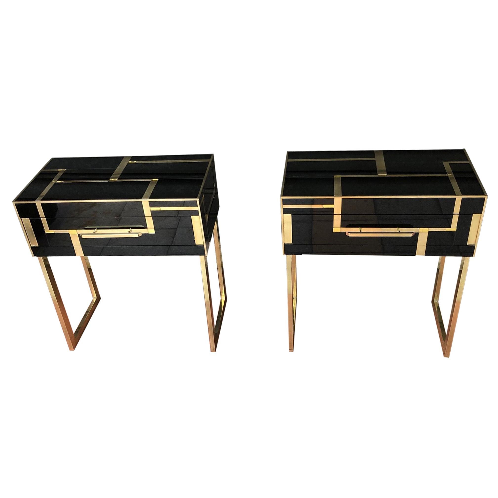 Pair of Italian Nightstands in Tinted Glass and Brass with One Drawer