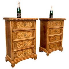 Pair of Italian Nightstands in Walnut and Marquetry Work