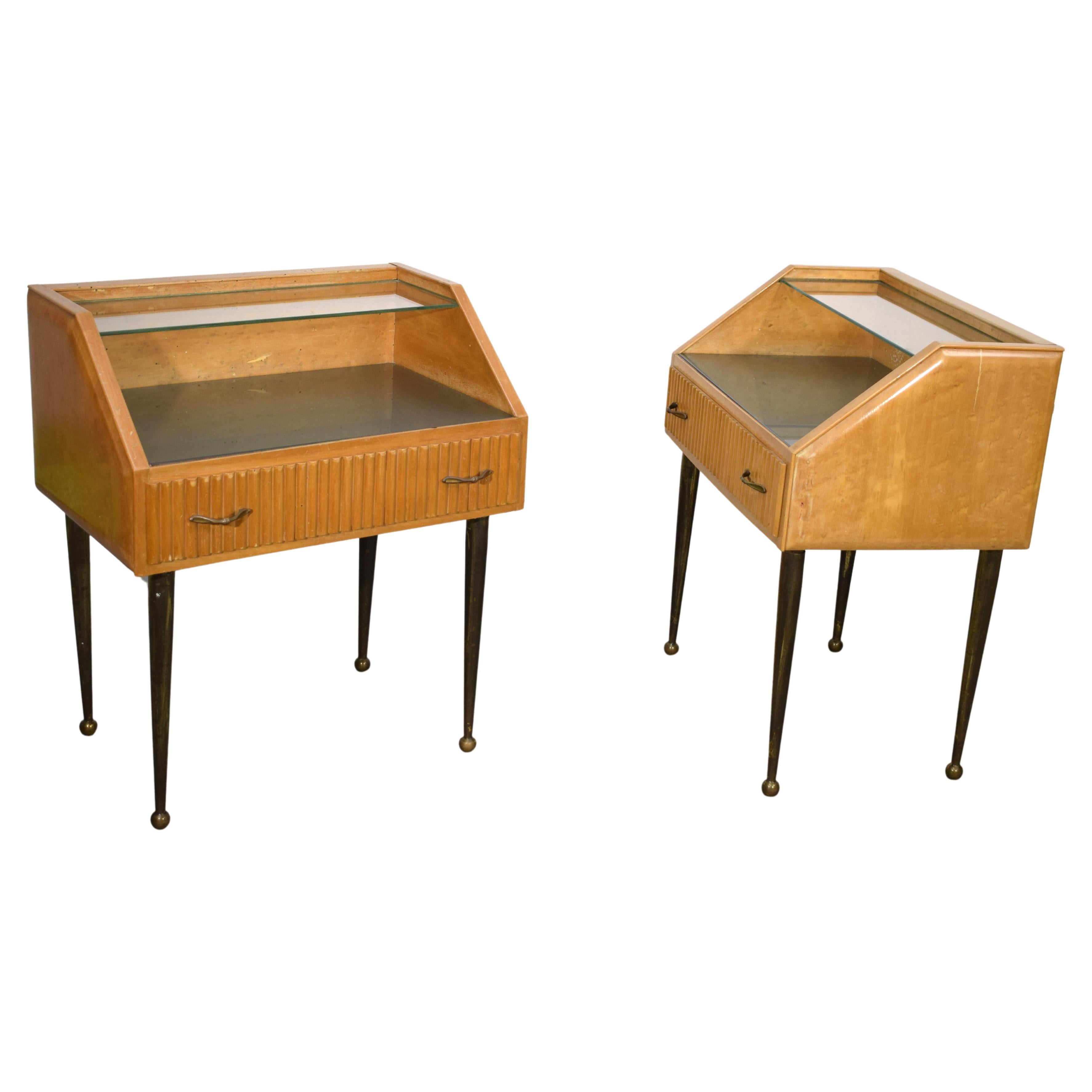 Pair of Italian nightstands, wood, brass and glass, 1950s For Sale