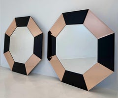 Pair of Italian Octagonal Wall Mirrors with Black and Pink Geometric Frame
