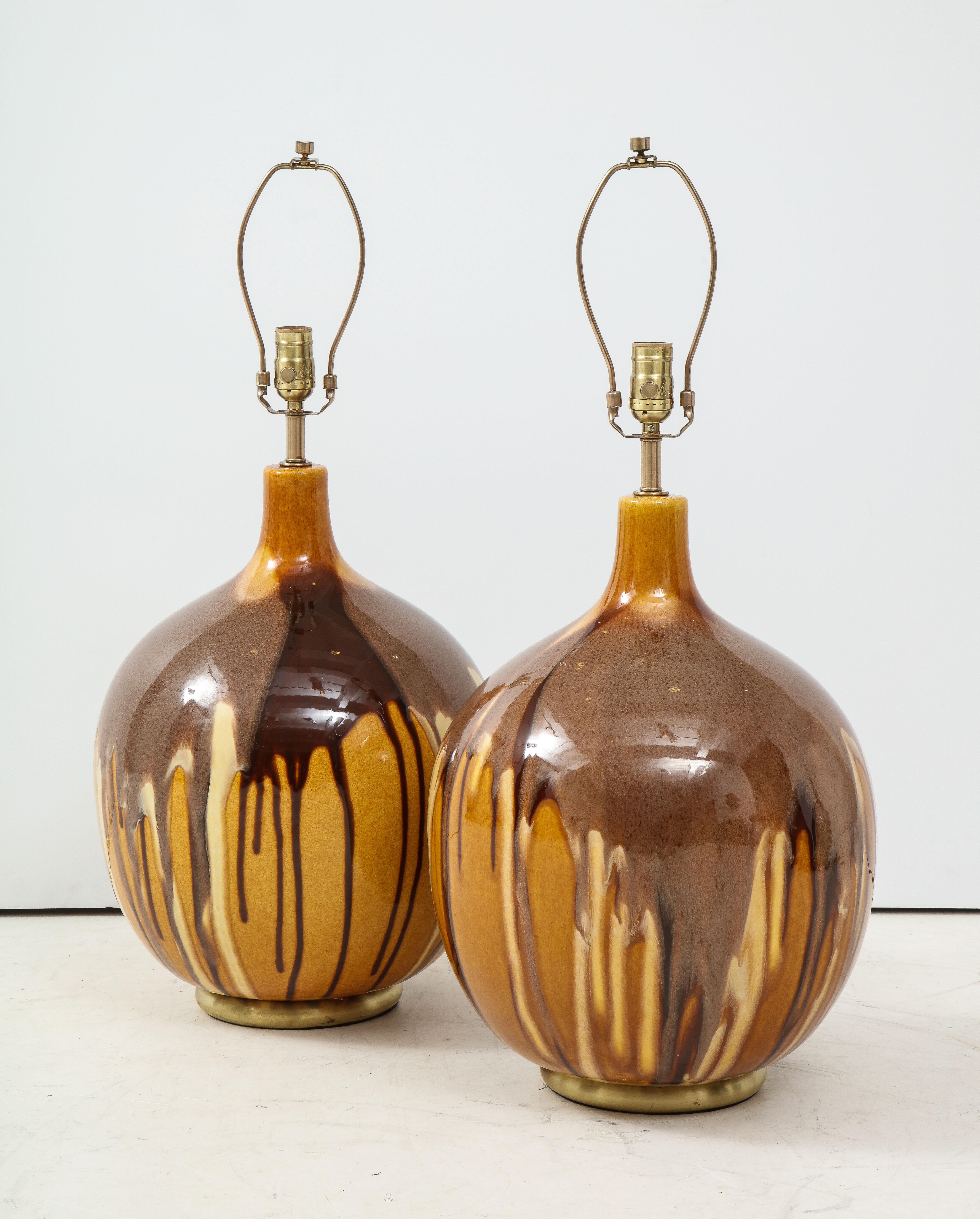 Mid-Century Modern Pair of Italian Ochre Drip Glaze Lamps