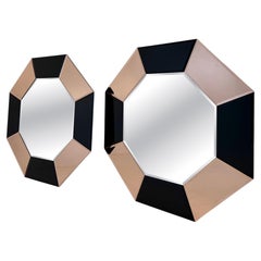 Pair of Italian Octagonal Wall Mirrors with Black and Pink Geometric Frame