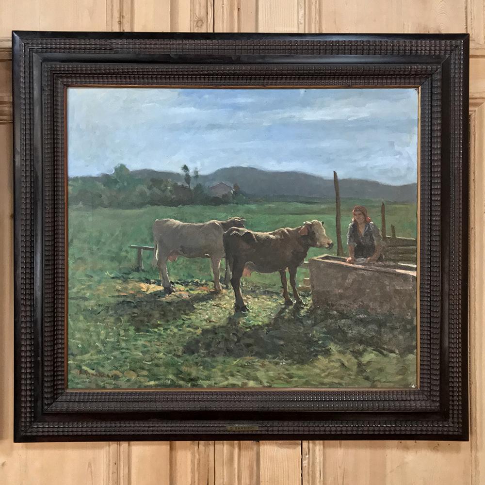 This classic pair of pastorals from noted artist Contardo Barbieri (1900-1966) is a very rare, larger than normal, pair of companion paintings from the artist's very early years, before he became professor of art at the academy of Milan in 1928.