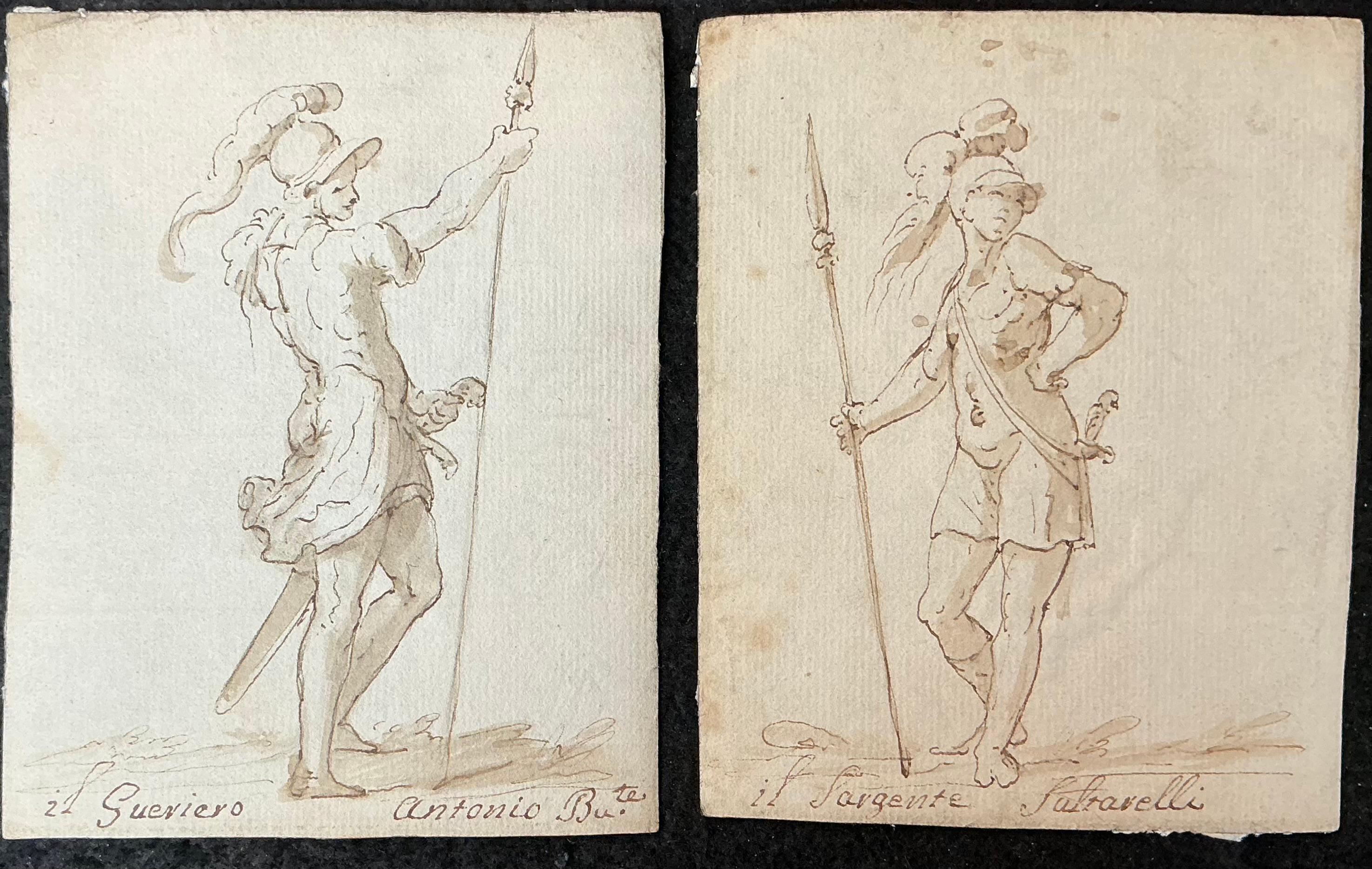 Coppia di disegni antichi italiani di soldati in vendita 3
