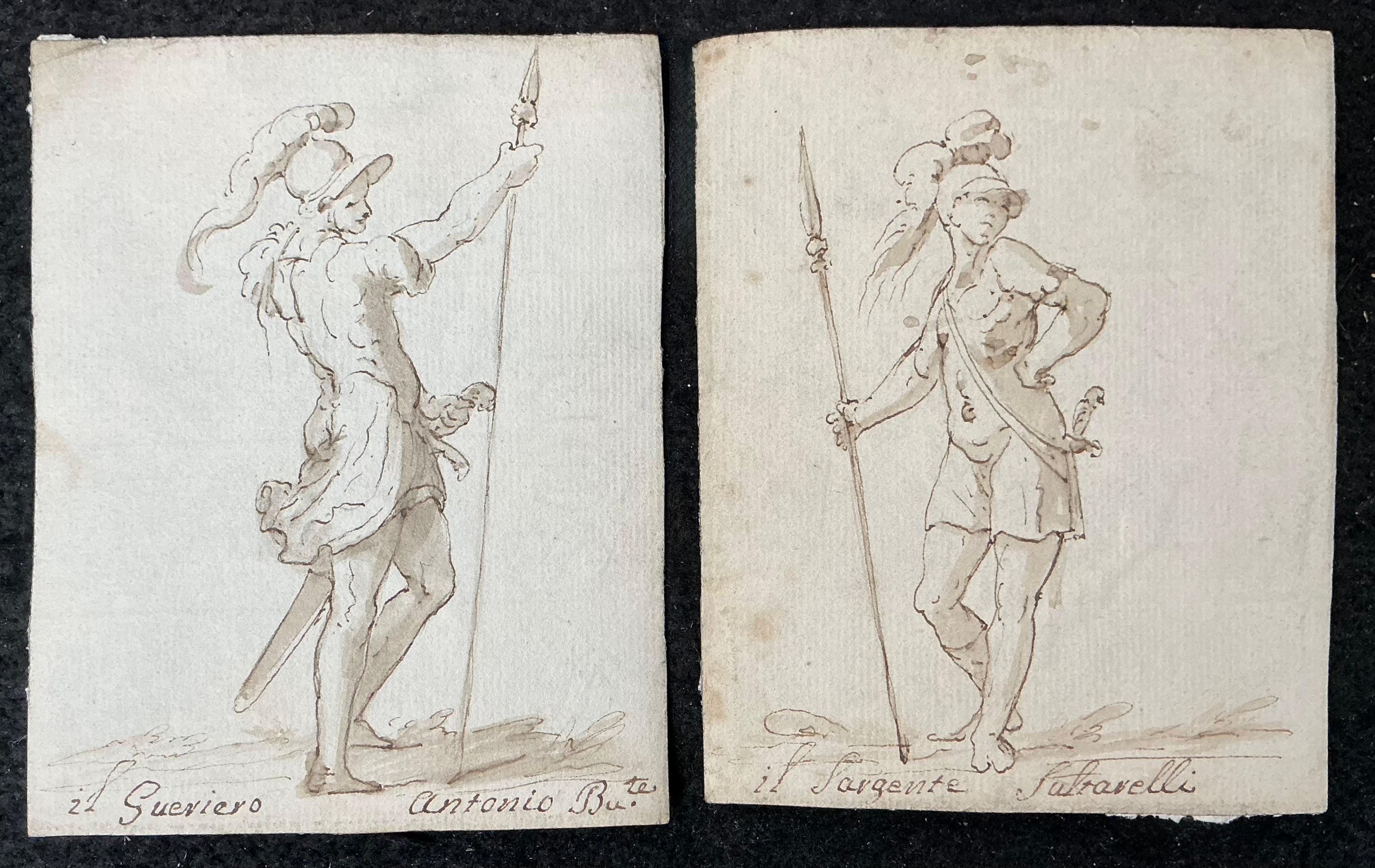 Disegni di soldati del 18° secolo. Si tratta di piccole e raffinate illustrazioni realizzate con inchiostro marrone e lavatura su carta che ricordano gli studi di figure degli antichi maestri, ognuna delle quali raffigura un soldato in stile