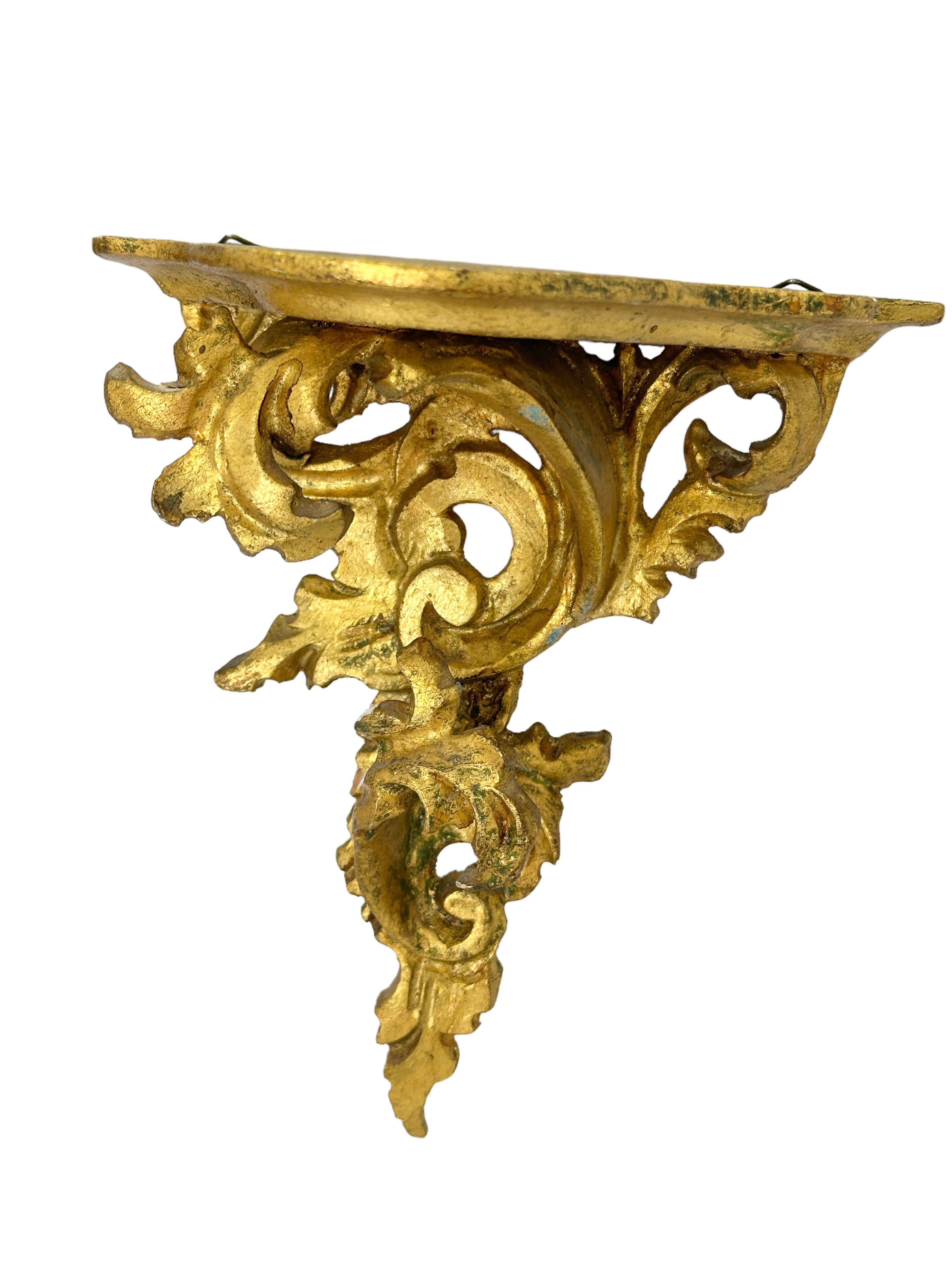 Gilt Pair of Italian Old Venetian Wall Shelf, Gilded Carved Acanthus, Rococo Style For Sale