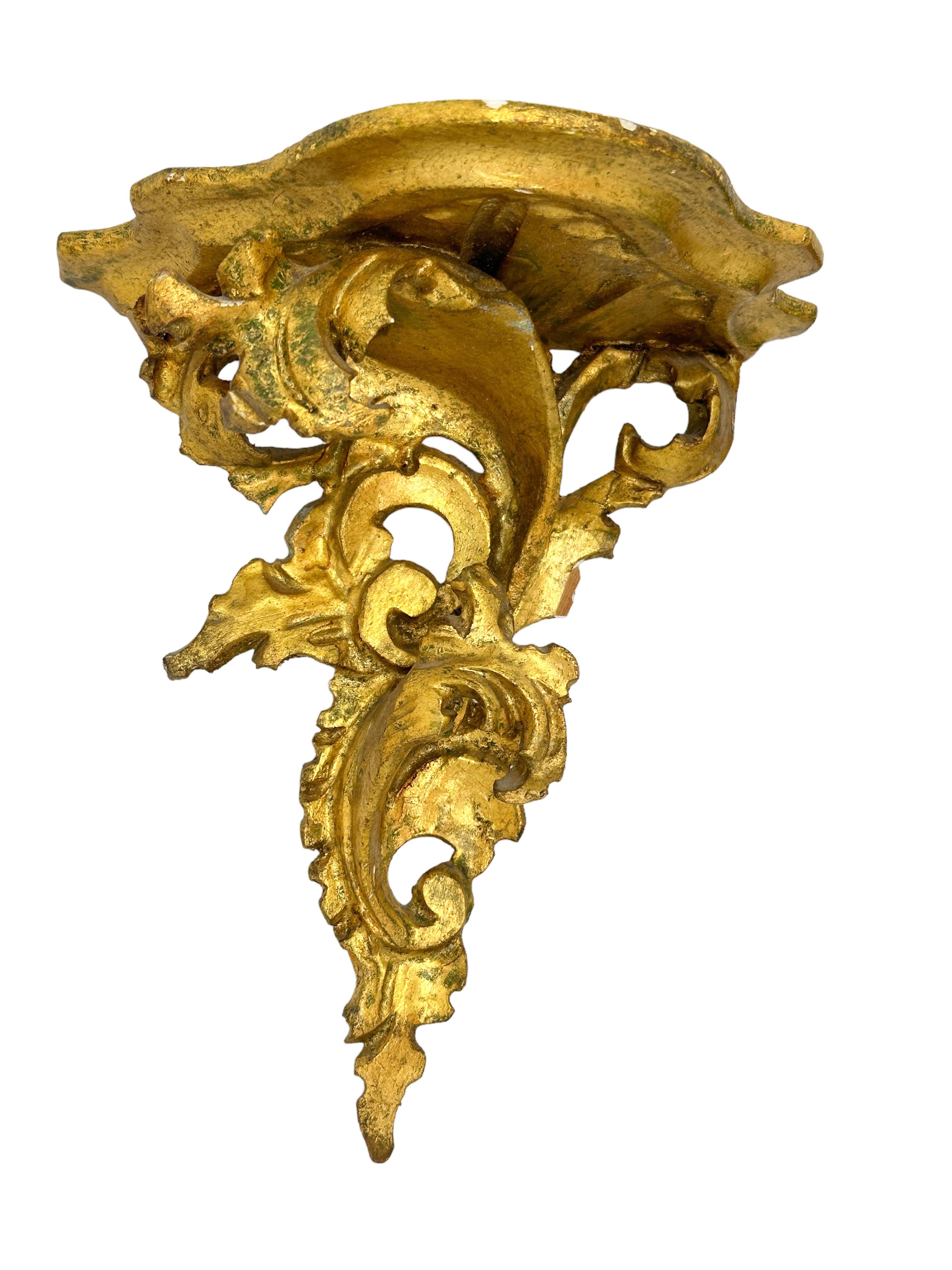 Wood Pair of Italian Old Venetian Wall Shelf, Gilded Carved Acanthus, Rococo Style For Sale