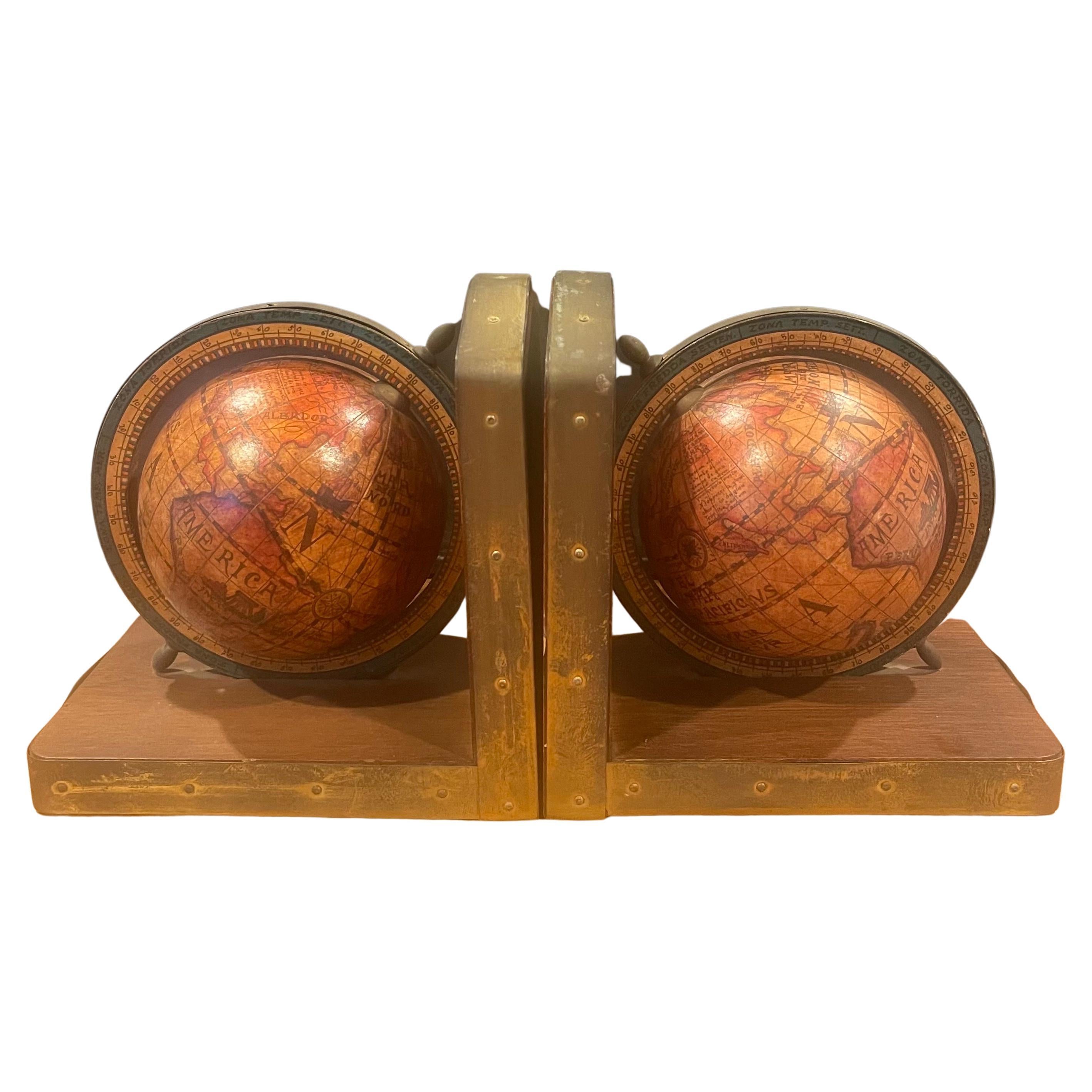Pair of Italian "Old World" Style Globe Bookends on Wood Bases
