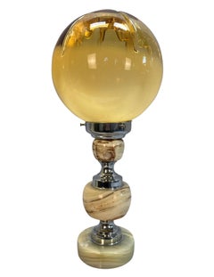 Pair Of Italian Onyx & Chrome Table Lamps With Hand Blown Glass Shades