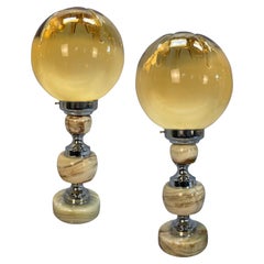 Pair Of Italian Onyx & Chrome Table Lamps With Hand Blown Glass Shades