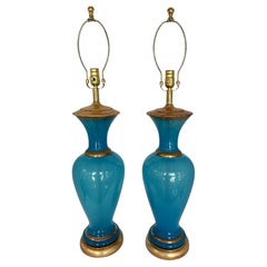 Pair of Italian Opaline Blue Glass Table Lamps