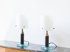 Pair of Italian Opaline Glass and Brass Table Lamps, 1950s