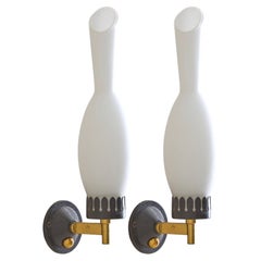 Pair of Italian Opaline Glass + Brass Sconces, 1950s