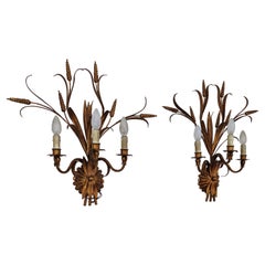Pair of Italian or French Mid-Century Gilt Toleware Wheat Sheaf Wall Sconces