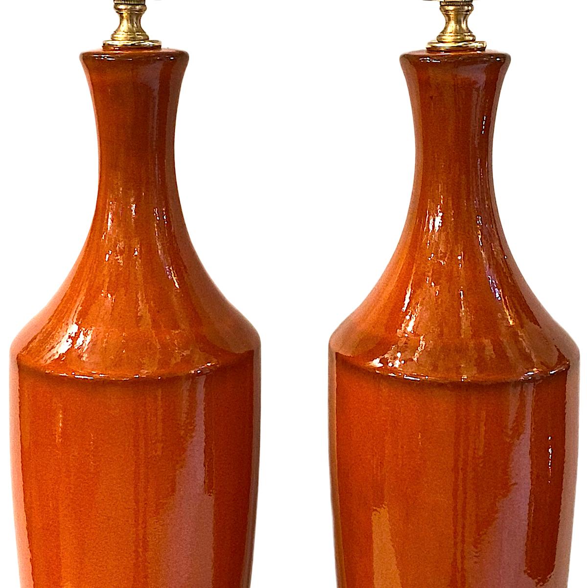 Glazed Pair of Italian Orange Lamps For Sale