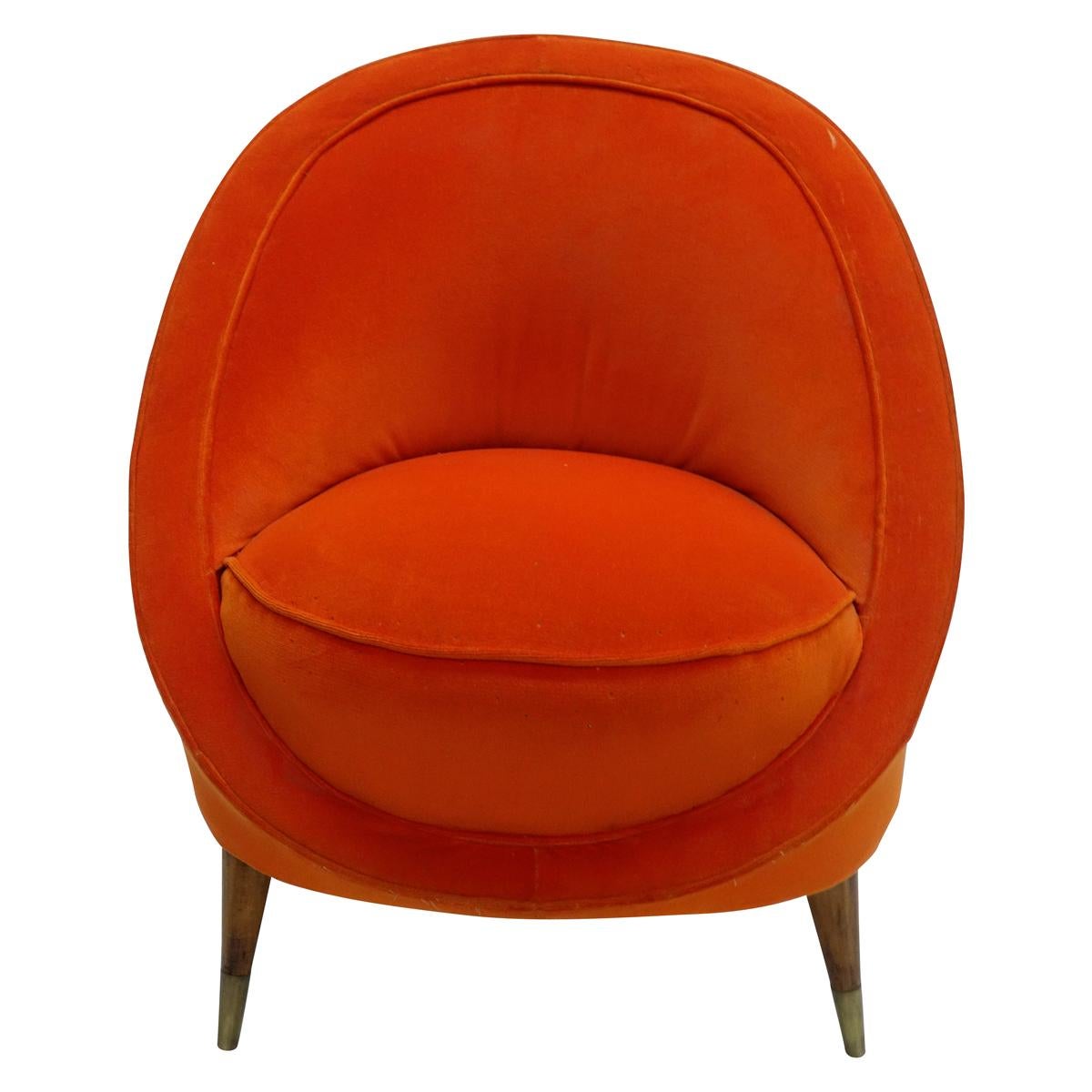 20th Century Pair of Italian Orange Velvet Barrel Back Club Chairs in the Manner of Gio Ponti