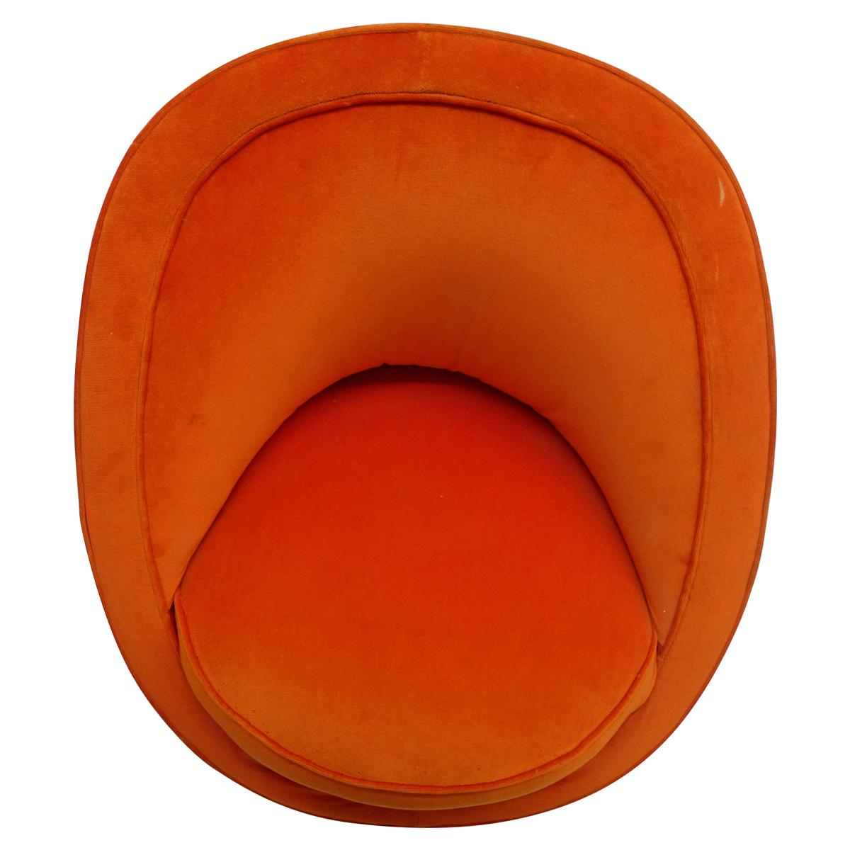 Brass Pair of Italian Orange Velvet Barrel Back Club Chairs in the Manner of Gio Ponti
